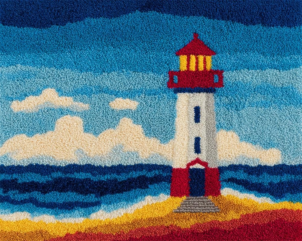 Kitquiver Latch Hook Kits for Adults Rug Seaside Lighthouse DIY Crochet Yarn Embroidery Handmade Needlework with Printed Canvas for Home Decoration 39X55In