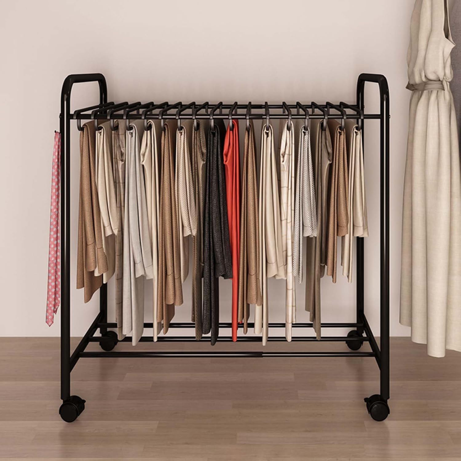 Expandable Metal Pants Hangers with Wheels - Freestanding Clothing Rack for Skirts & Jeans - Versatile Closet Storage Solution for Optimal Space Saving