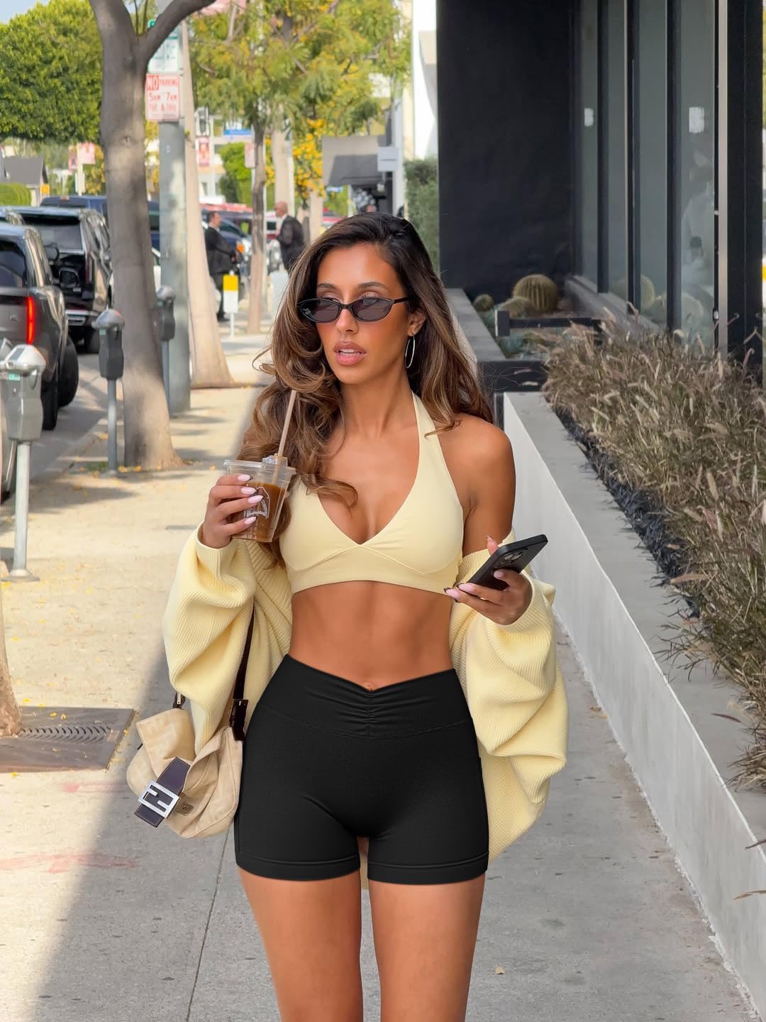 OQQ Women’s Mini Workout Shorts 2 Piece V-Shaped High Waist Stretchy Yoga Shorts with Pockets - Image 3