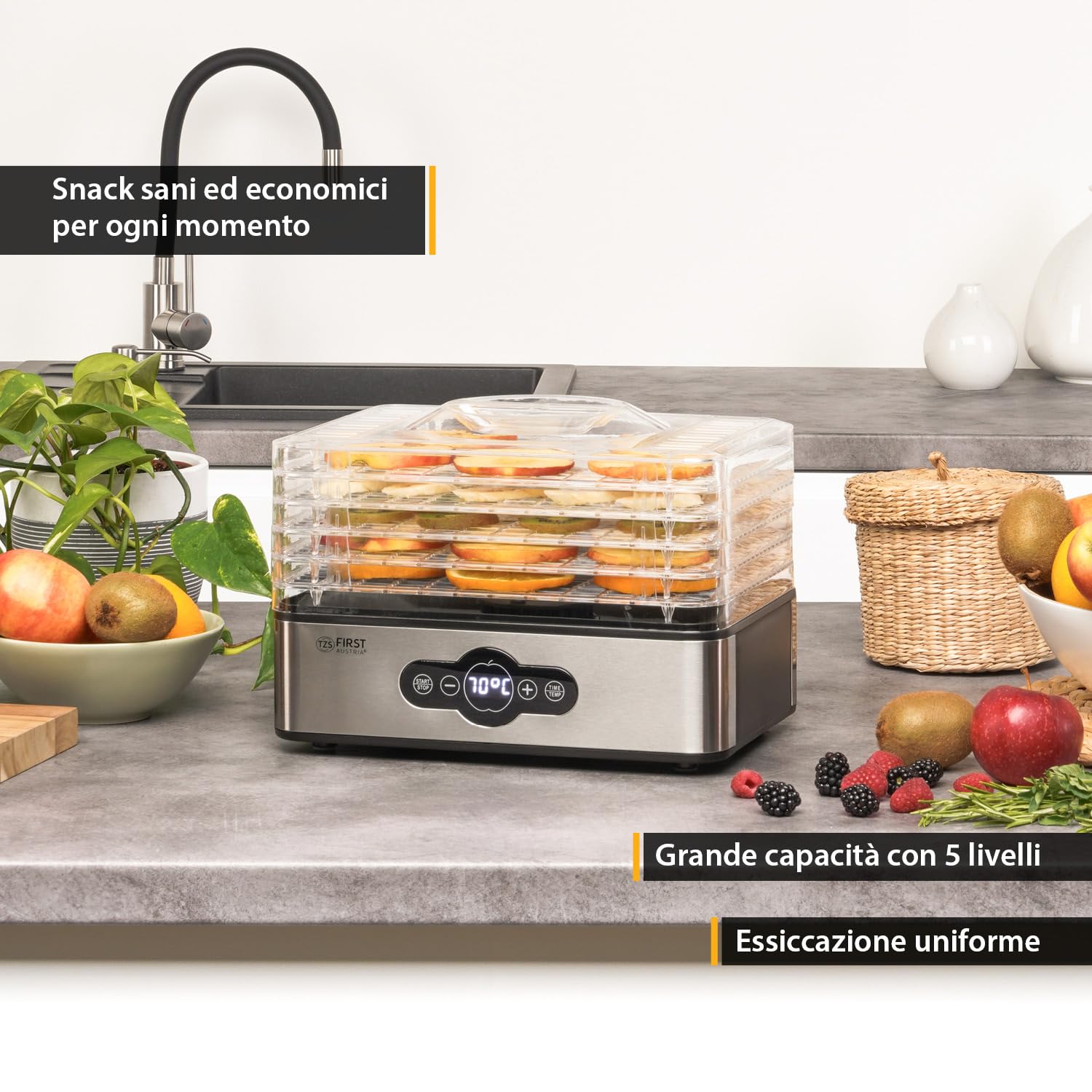 TZS First Austria essiccatore digitale per frutta, erbe, funghi, carne, 5 ripiani, BPA free, timer e regolazione temperatura 35-70°C