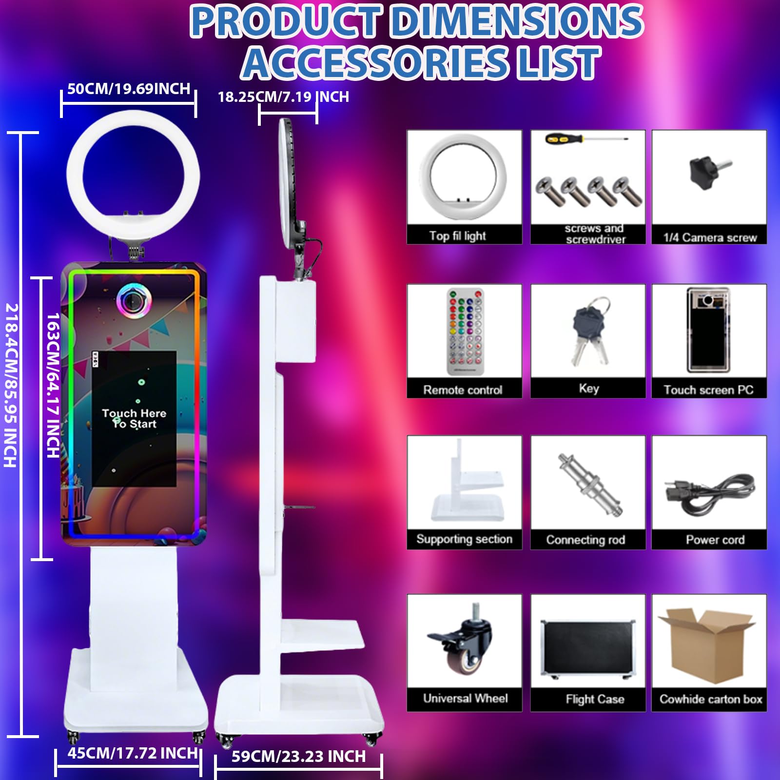 Cabina de fotos con espejo mágico de 45 pulgadas con pantalla táctil de 21.5 pulgadas, máquina de fotomatón de espejo selfie con anillo de luz RGB y funda de vuelo, cabina de fotos DSLR portátil para