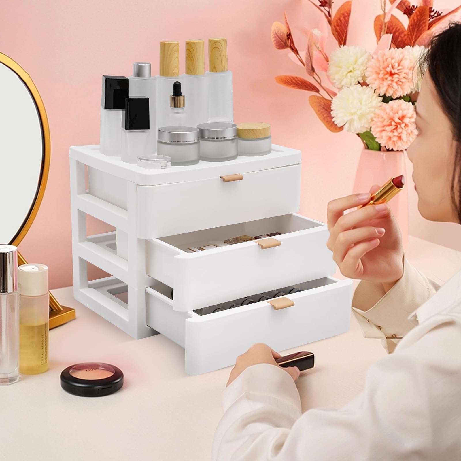 Caja de almacenamiento de escritorio, organizador con cajones de acrílico, caja de almacenamiento apilable, para suministros de oficina, accesorios de escritorio (3 cajones)