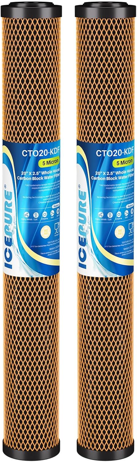 ICEPURE 5 Micron 20" x 2.5" Whole House Activated Carbon and KDF Water Filter Cartridge, Heavy Metal Removal Filter Replacement for EP-20, C1-20, F3WCB32, CTO20-KDF, 2PACK
