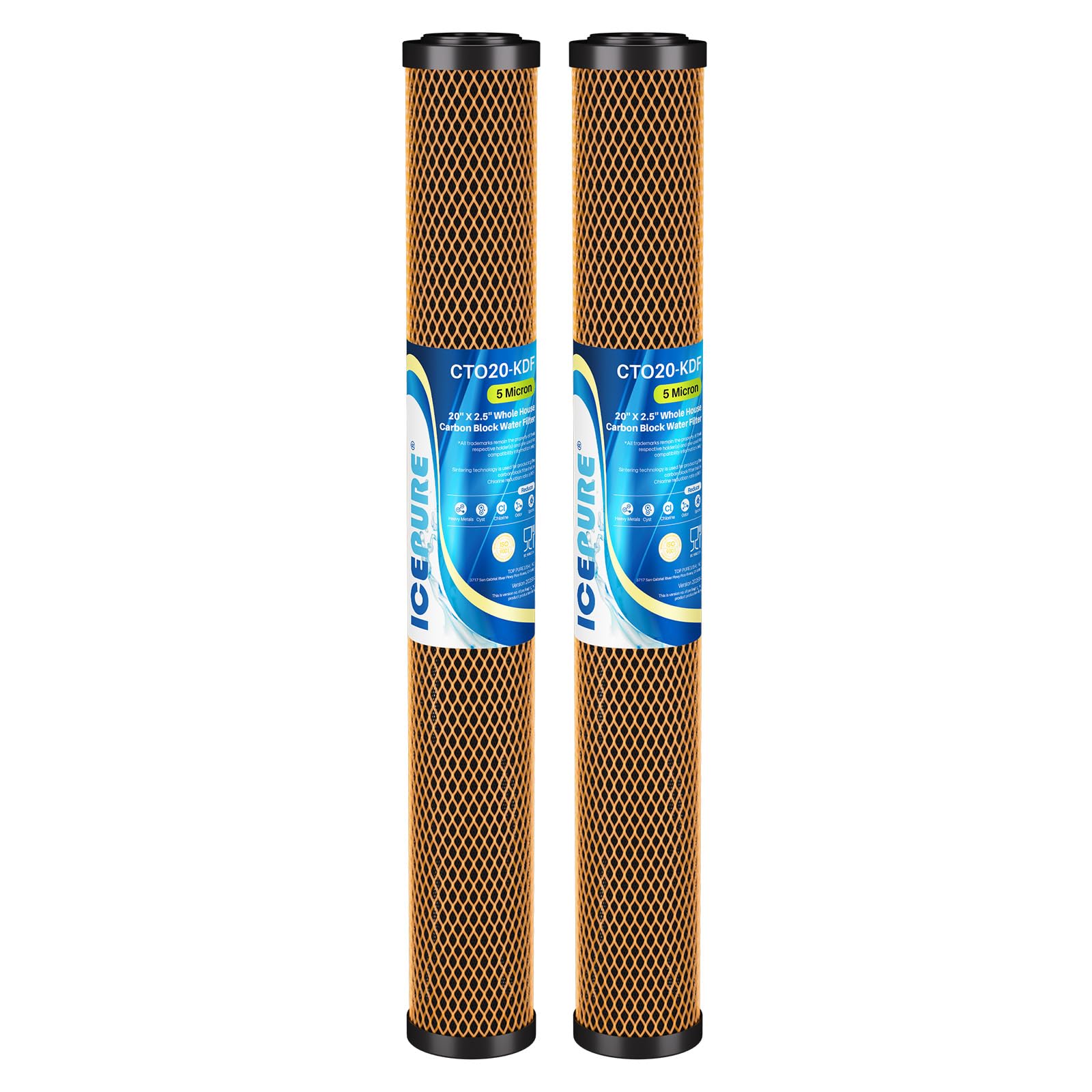 ICEPURE 5 Micron 20" x 2.5" Whole House Activated Carbon and KDF Water Filter Cartridge, Heavy Metal Removal Filter Replacement for EP-20, C1-20, F3WCB32, CTO20-KDF, 2PACK