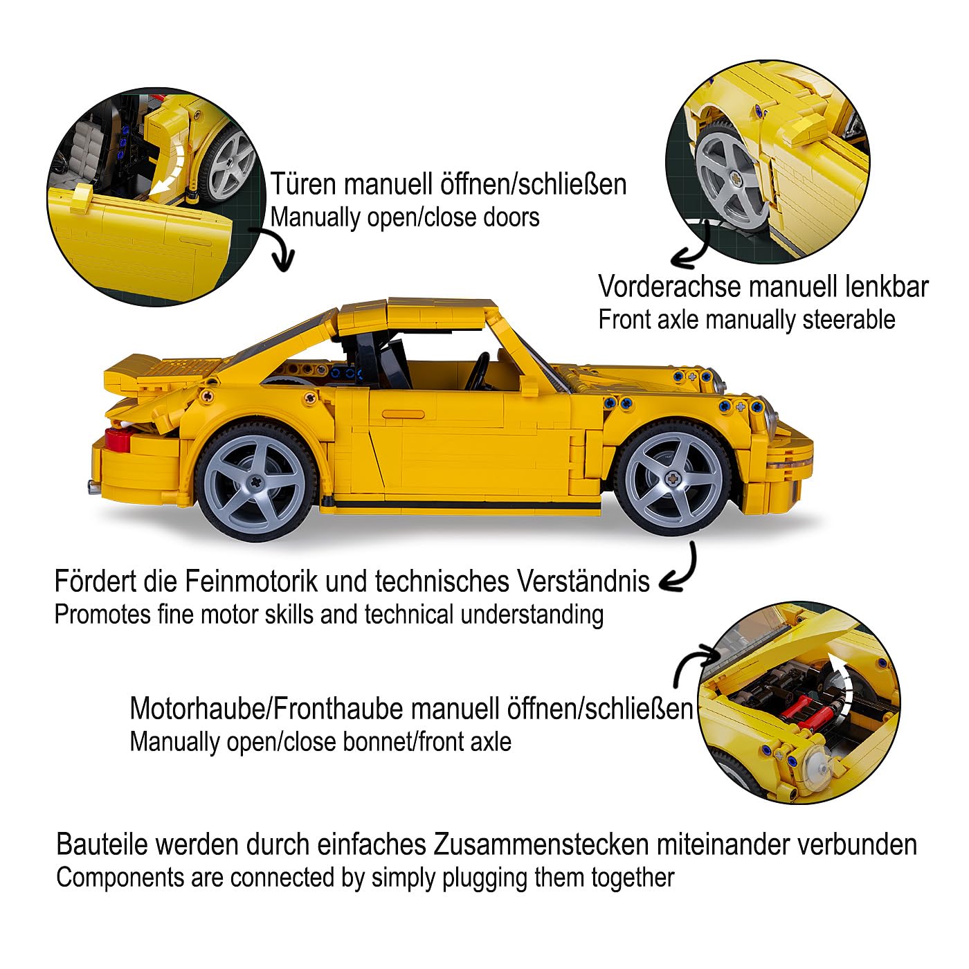 JAMARA 402854 CADA RUF CTR 2017 Yellowbird 1:12 Bricks, Spielzeugauto, Sport Rennwagen für Kinder ab 8 Jahre, Set aus Klemmbausteinen, Geschenkidee für Kids, Türen manuell