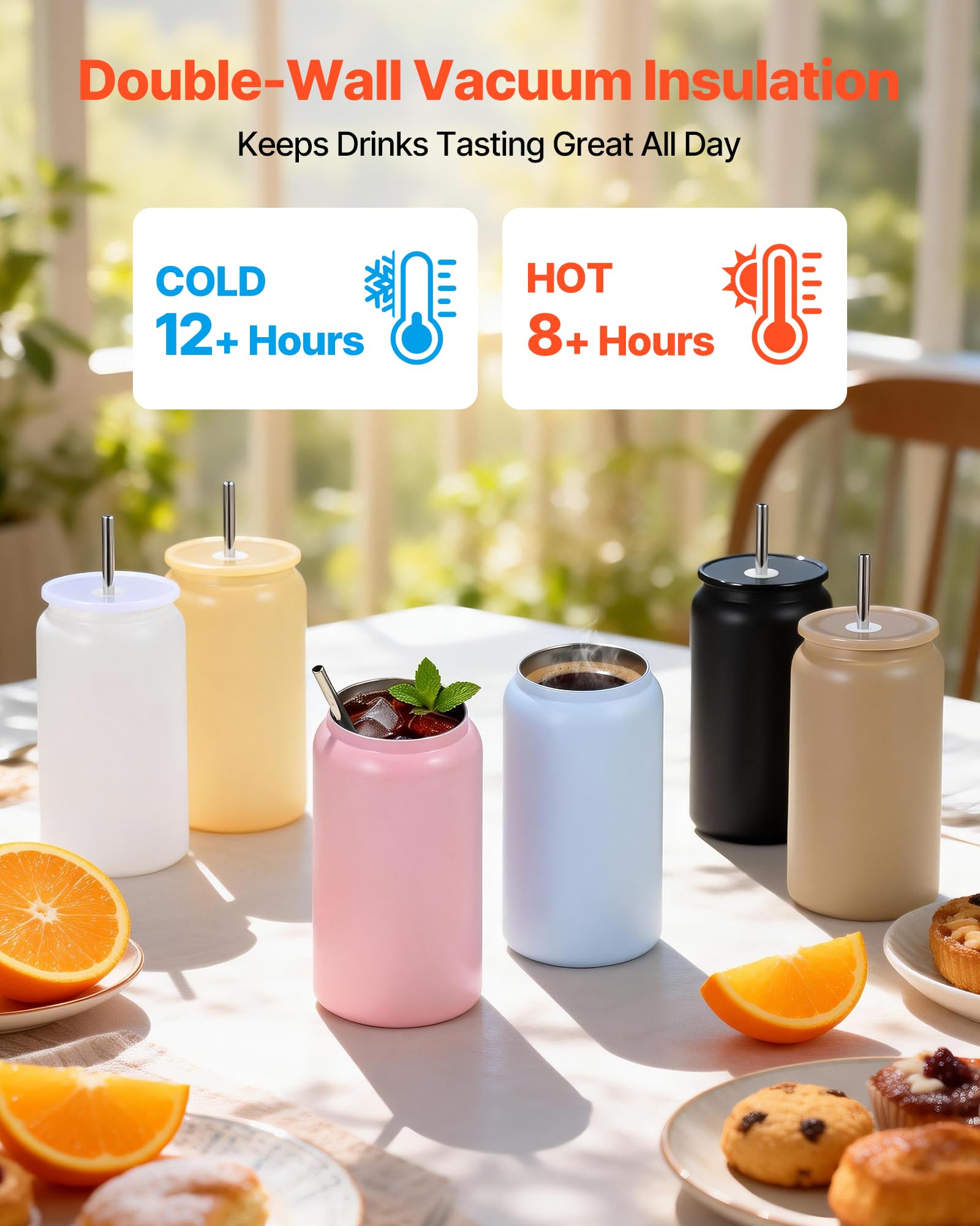 VEVOR Vasos de Sublimación 12 Piezas, Botellas de Agua de 473 ml de Acero Inoxidable, Apto para Uso Alimentario con Tapas y Pajitas, con Aislamiento de Doble Pared, para Manualidades, Multicolores