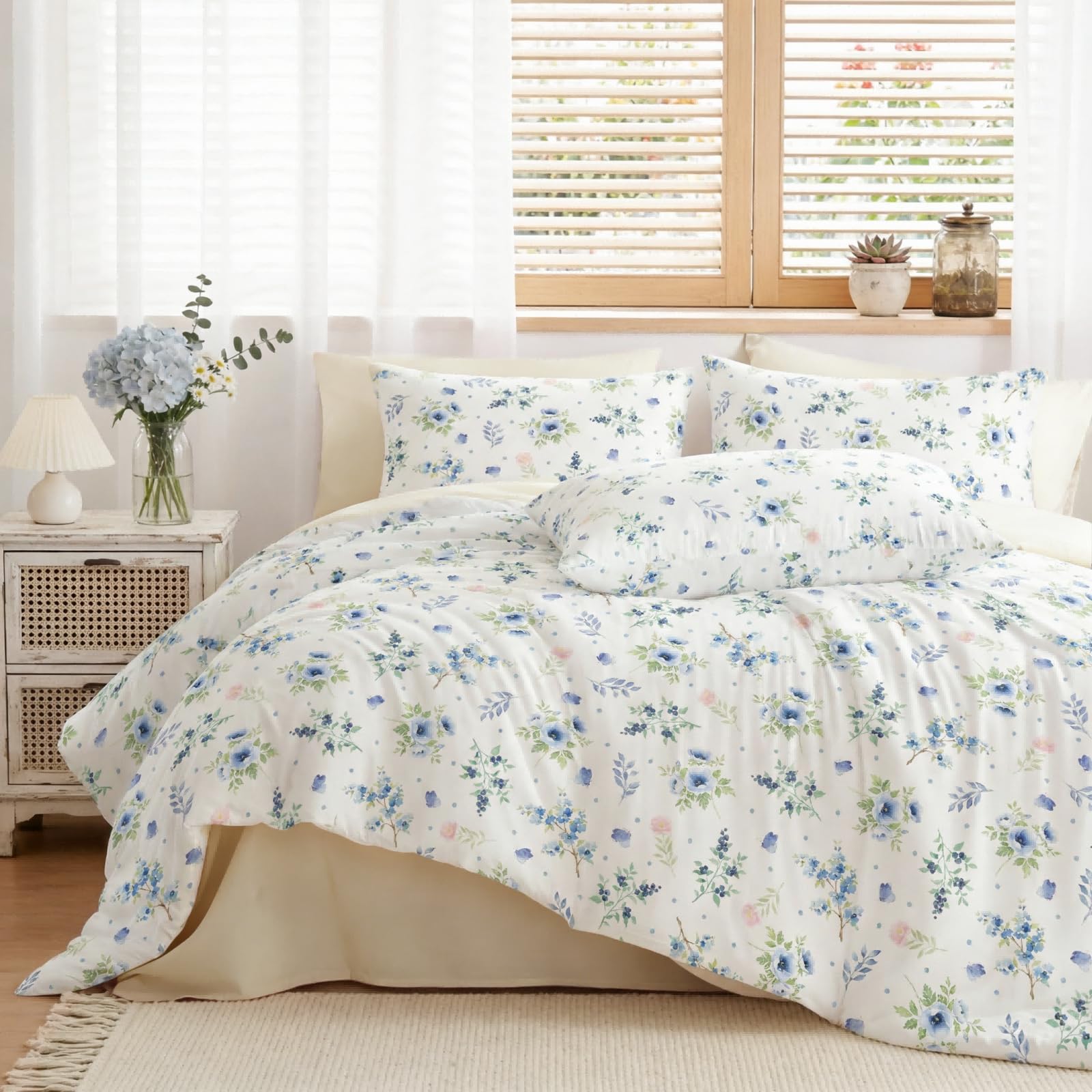 Freyamy Bettwäsche 135x200 4-teilig Blumen Weiß Blau Rosa Floral Schmetterling Mädchen Microfaser ÖKO-TEX mit Reißverschluss 2 Bettbezug und 2 Kissenbezug 80x80cm