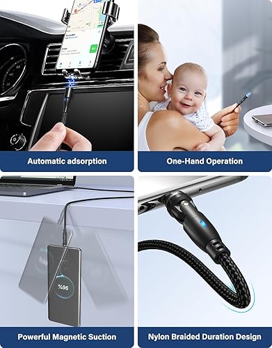 Miniatura 8 de Cable de carga magnético de rotación 540 de 100 W, 3.3 pies6 pies, paquete de 2 unidades, cable USB C a USB C, cable de carga magnético USB C, cable