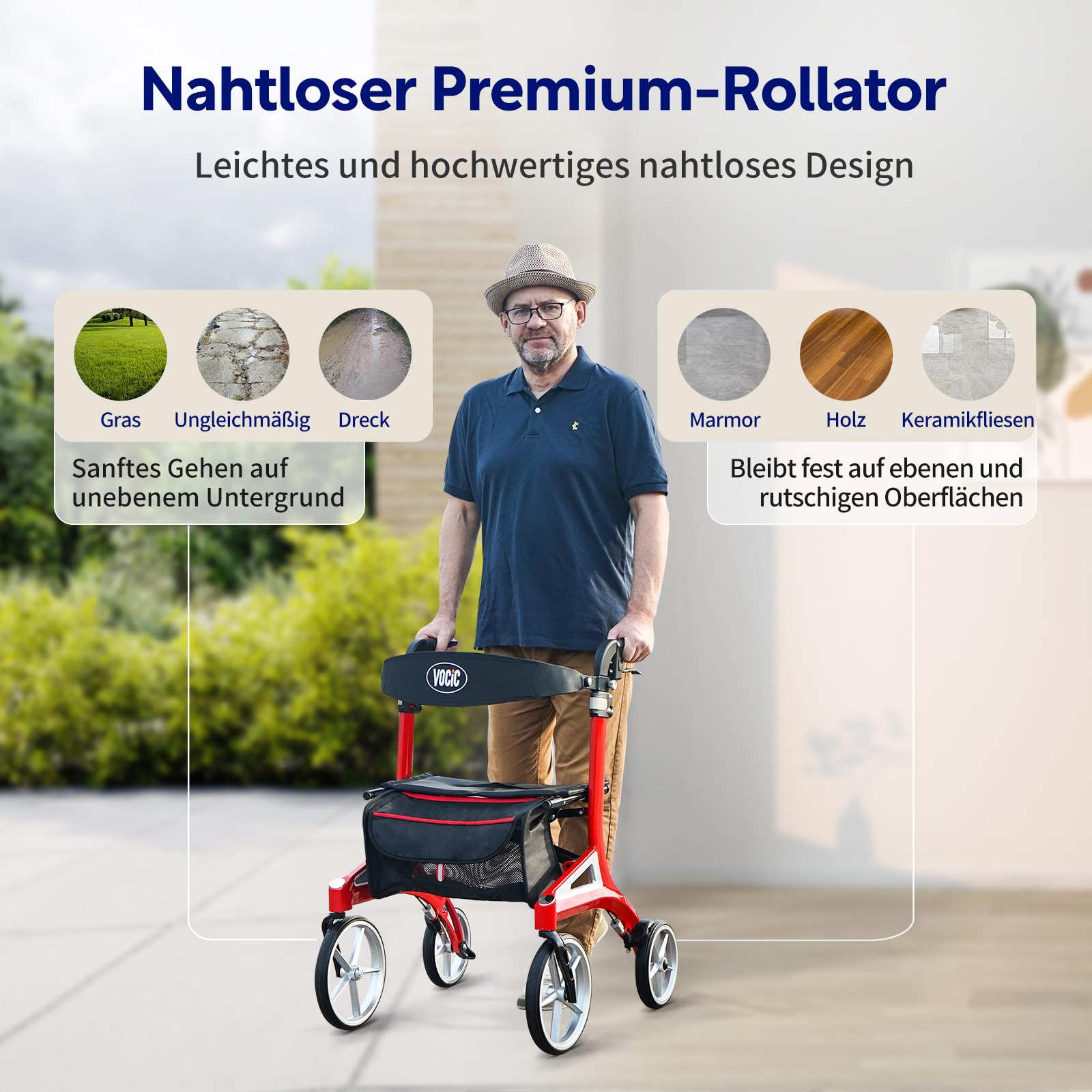 VOCIC Z71 Rollator faltbar leicht mit Sitz, Wasserdicht Aluminium Walker | Leicht klappbar für Senioren, Rollatoren leichtgewicht und faltbar spezial, Pannensichere All-Terrain-PU-Reifen, Rot