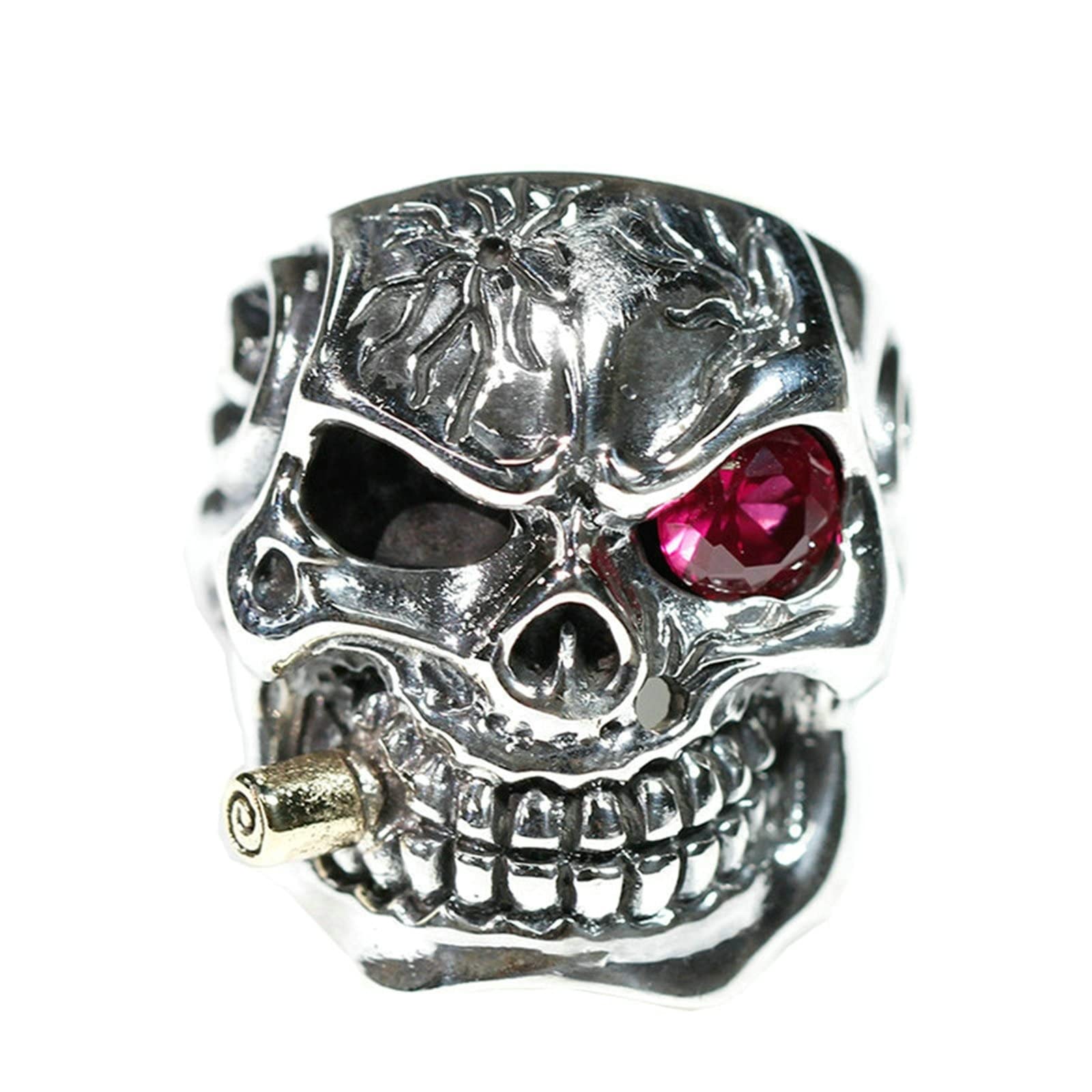 Gualiy Anillo de plata de ley para hombres, anillos de promesa masculinos, plata de ley Punk Rock Skull con bandas de circonita cúbica, anillo de talla O 1/2 - V 1/2, Cubic Zirconia,