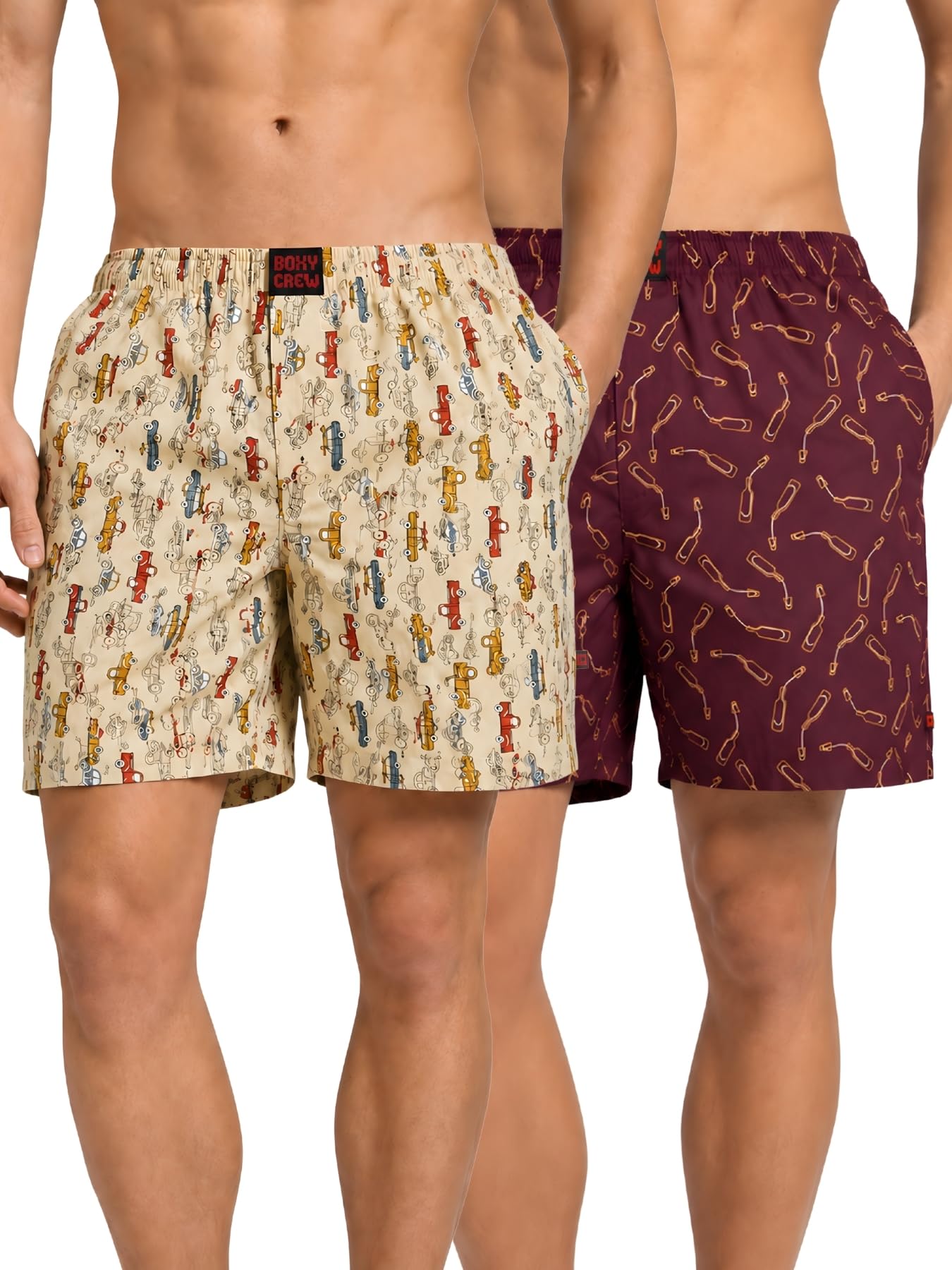 boxy crew Men Boxer Shorts Pack of 2, 100% Cotton Woven Boxers, Beige & Maroon, Printed Designs, Dual Side Pockets, No-Marks Inner Elastic Waistband, Relaxed Fit Lounge & Sleep Shorts-picture-45
