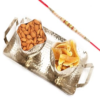 Ghasitaram Gifts Rakhi Gifts for Brothers Rakhi Dryfruits- Almonds and Dried Mango Aluminium Tray with Pearl Rakhi Silver