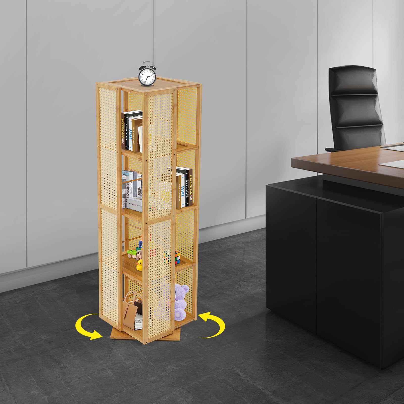 Drehbarer Bücherregal, Bücherturm mit 4 Ebenen, 360° drehbares Standregal aus Bambus, schmales Bücher-Aufbewahrungsmöbel für Wohnzimmer, Büro (Holzfarbe)