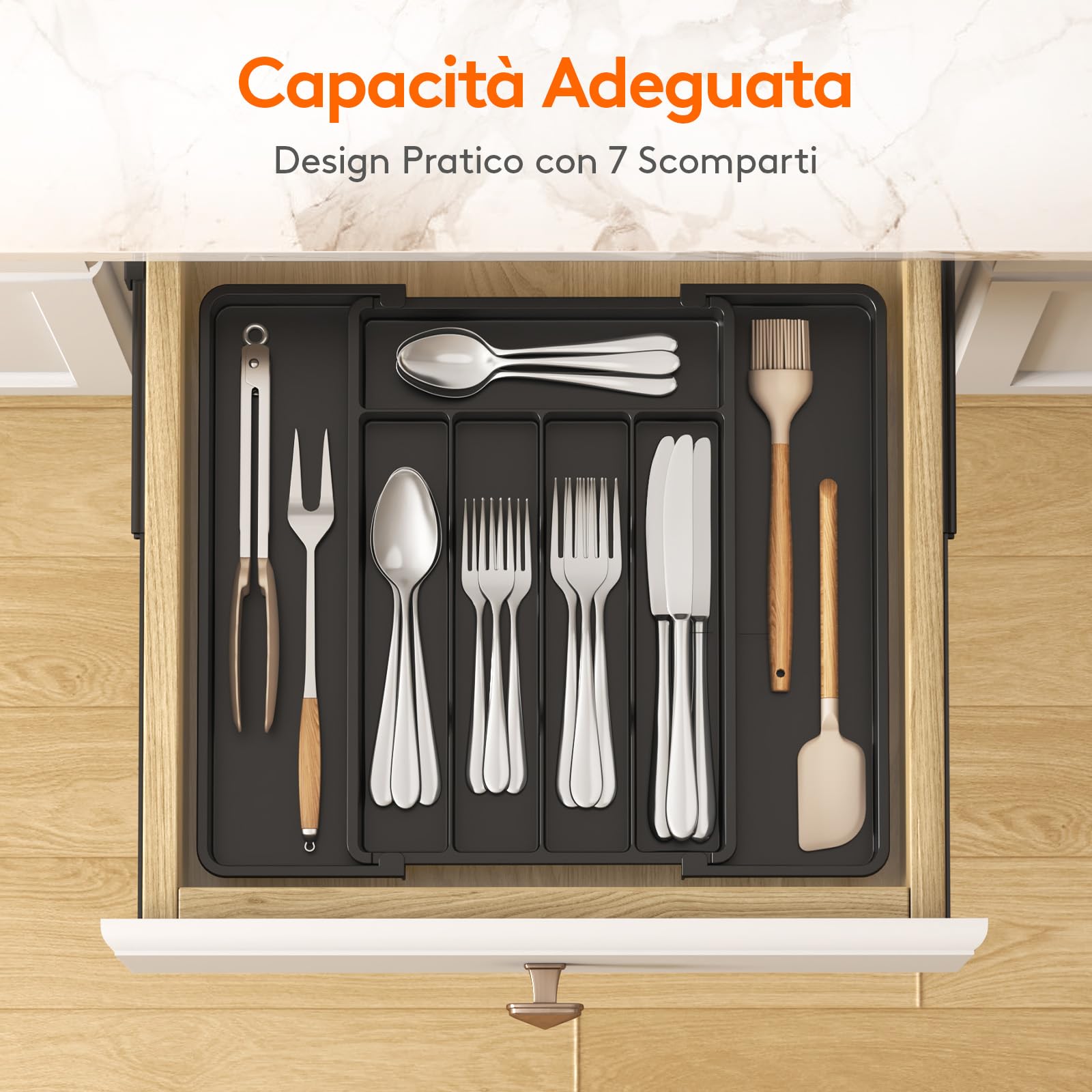 Lifewit Portaposate da Cassetto, Organizer Cucina Espandibile, Porta Posate Regolabile in Resistente Plastica per Cucchiai e Forchette, Profondità 34cm, Estensione max 41 cm, 1 Pacchi, Nero