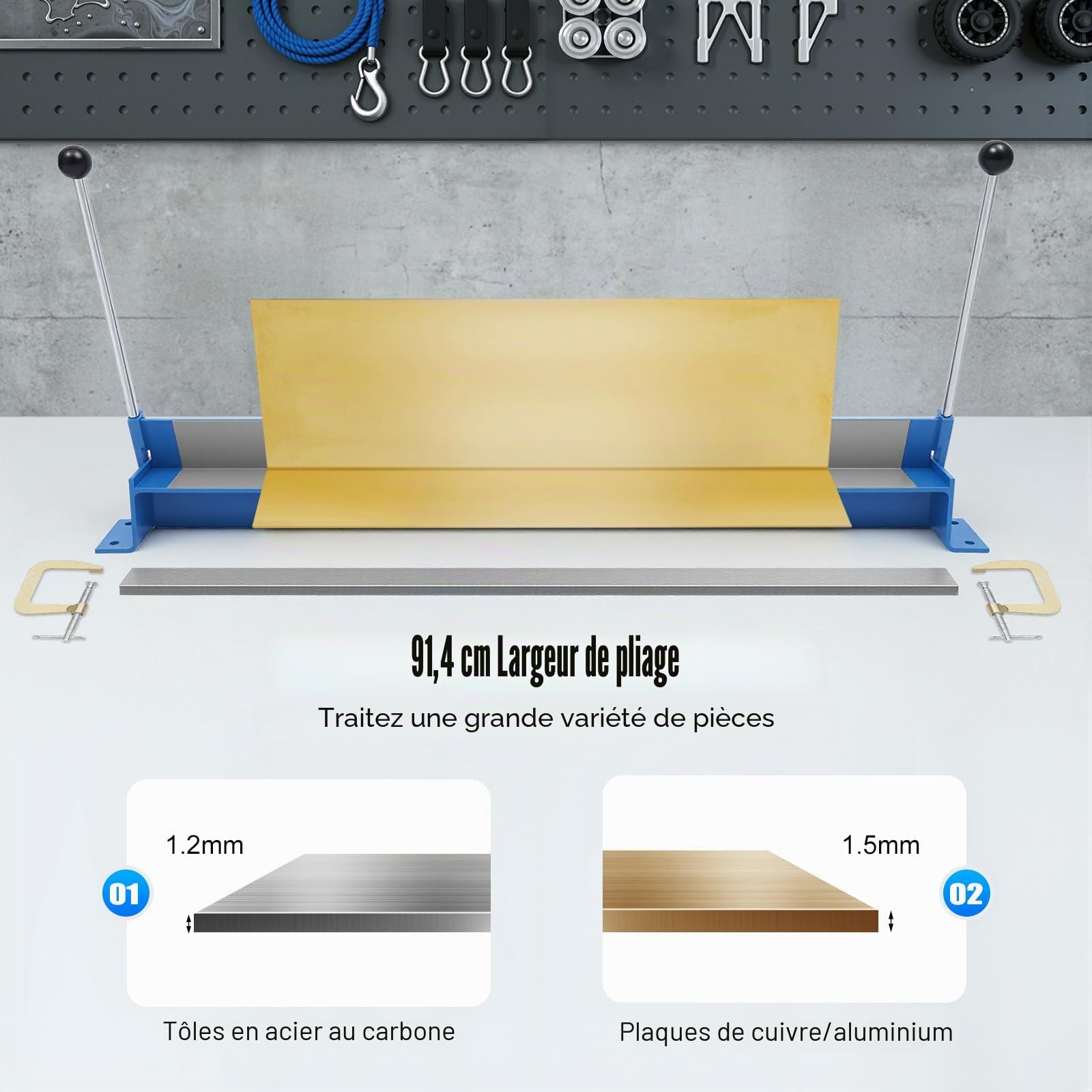 Cintreuse en tôle 916 mm - Angle de flexion : 0-135° pour acier au carbone de 1,2 mm - Plaque en cuivre de 1,5 mm - Plaque en aluminium