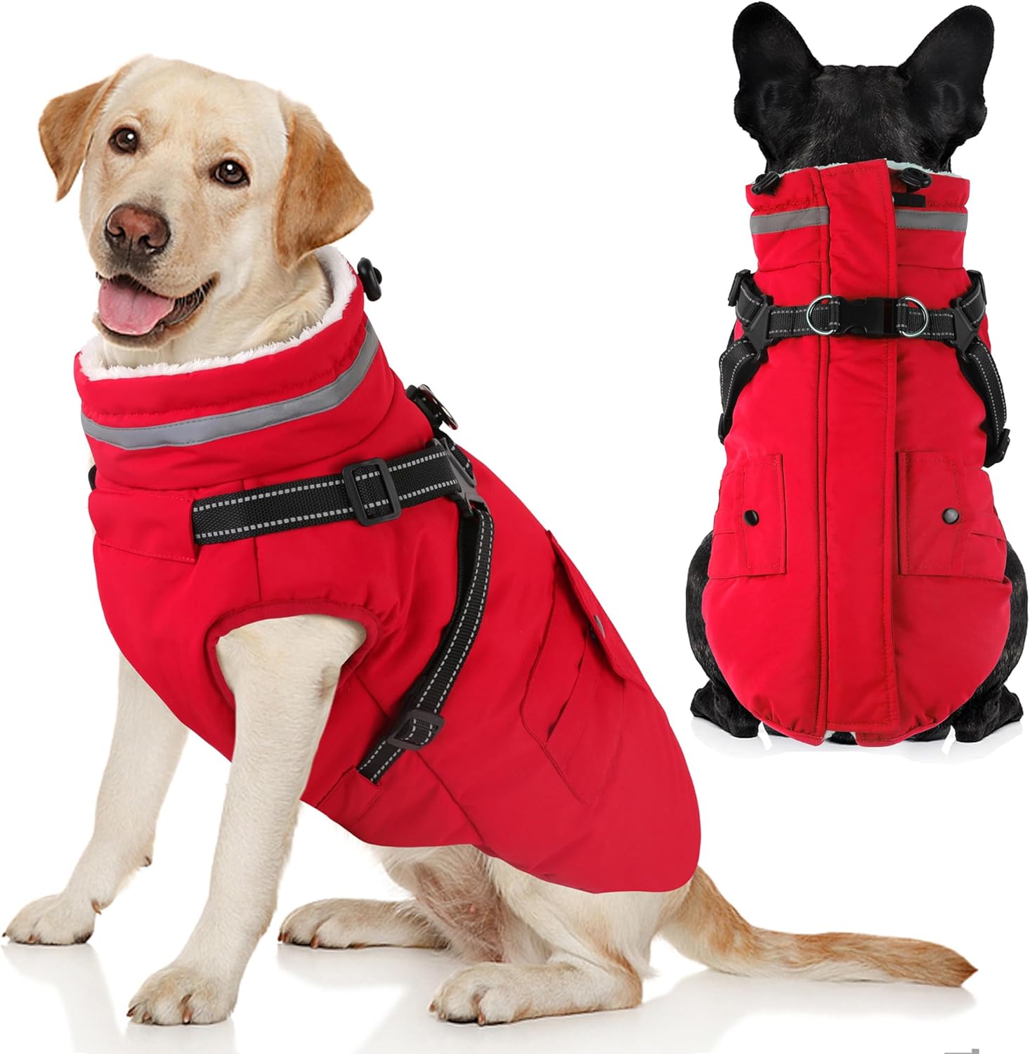 Dogcheer Dog Coat with Harness, Waterproof Warm Dog Winter Jacket with Pockets, Reflective Pet Fleece Jacket Turtleneck Snowsuit for Small Medium Large Dogs - Red, S