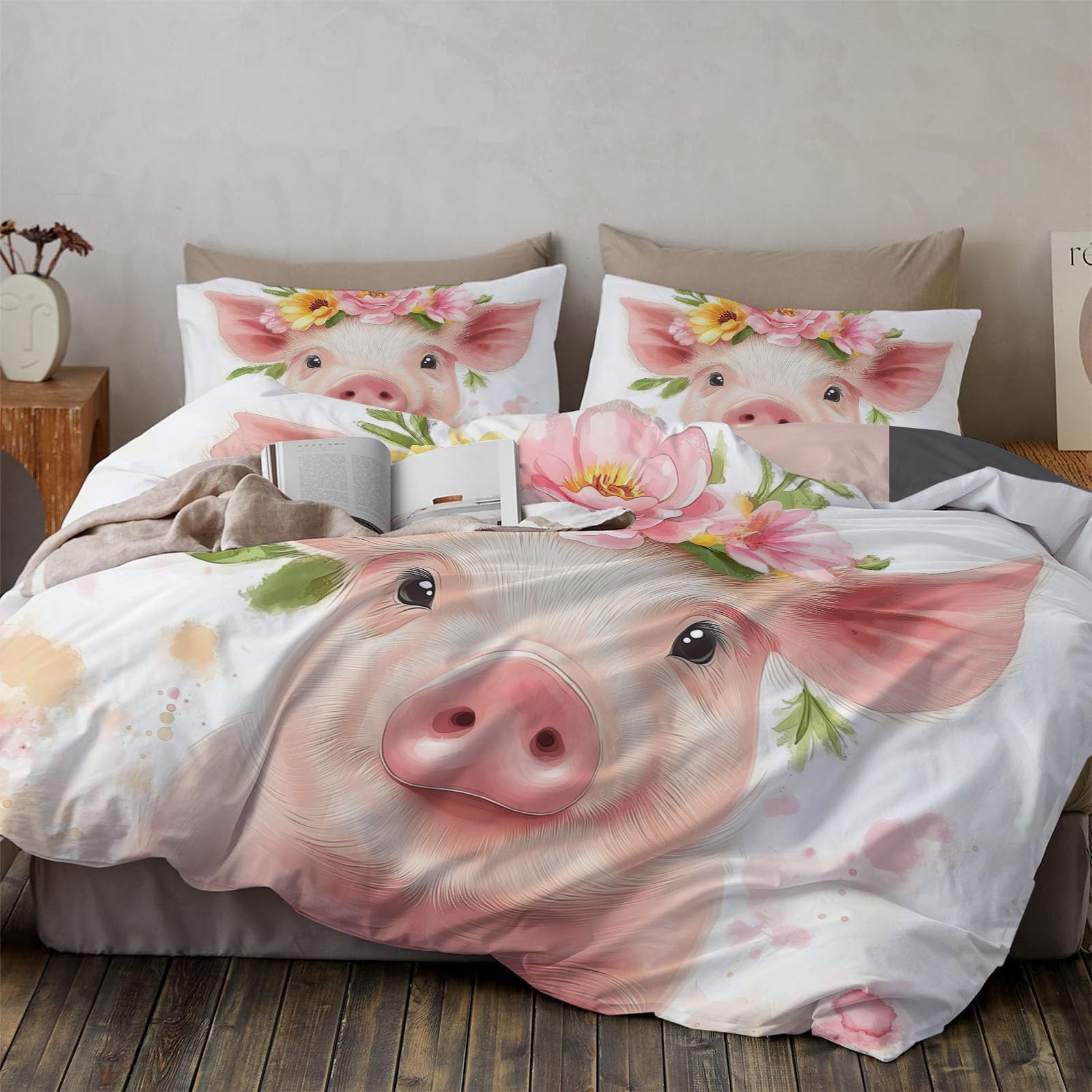 Housse de couette réversible cochon mignon 220x240 cm en microfibre avec ses 2 taies d'oreiller