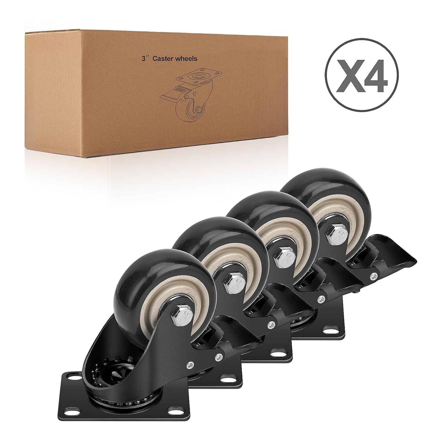 3 Inch Industrial Heavy Duty Swivel Caster Wheels with Brake,Set of 4 Safety Locking Casters,Load 1600lbs,Premium Polyurethane Wheels for Table,Trailer,Saw Table,Stage Toolbox,Bed,Corn Board