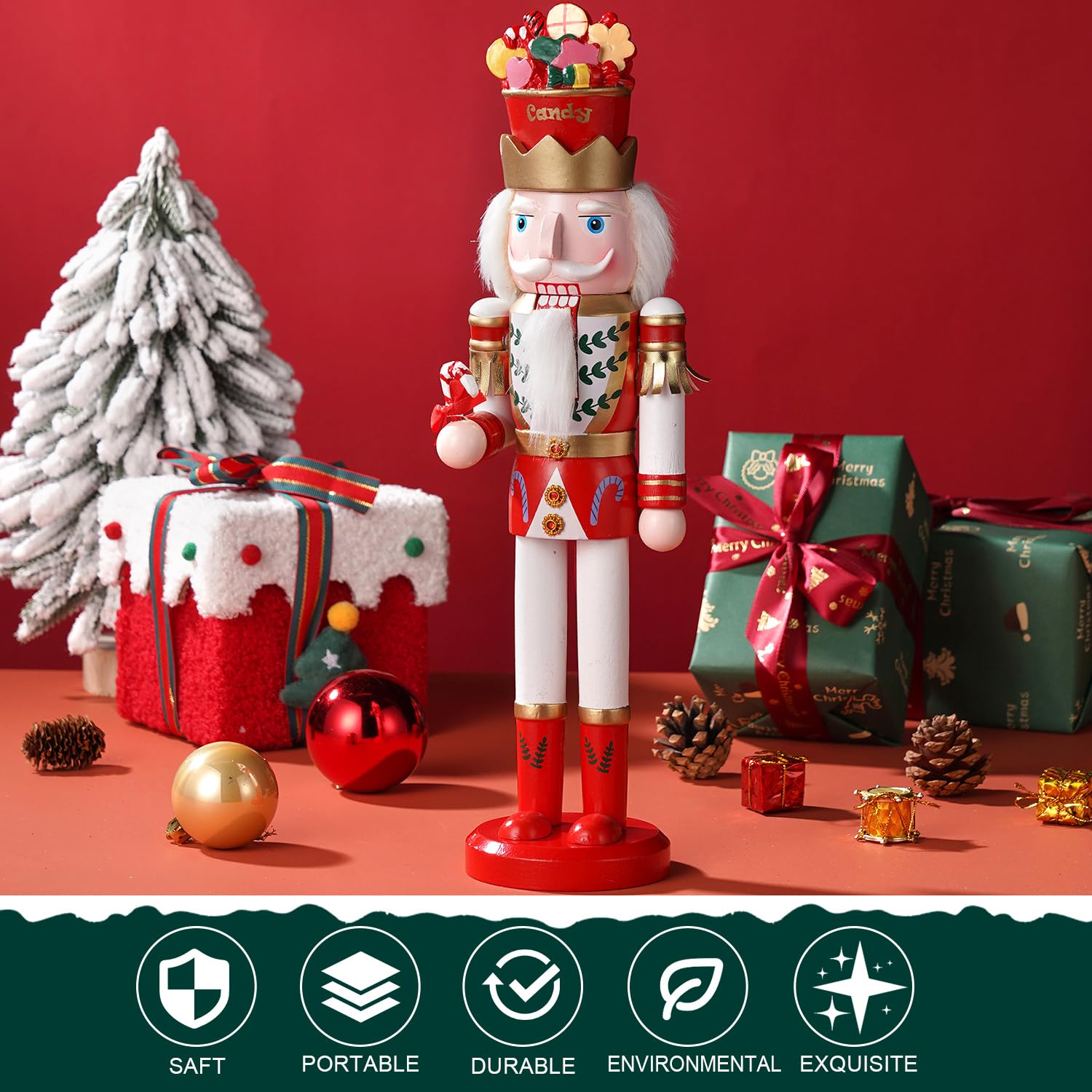 Schiaccianoci gigante da 38 cm (15 pollici) con bastoncino di zucchero e ghiaccio - Figura da collezione in legno - Decorazione natalizia creativa per casa, feste o come regalo (versione