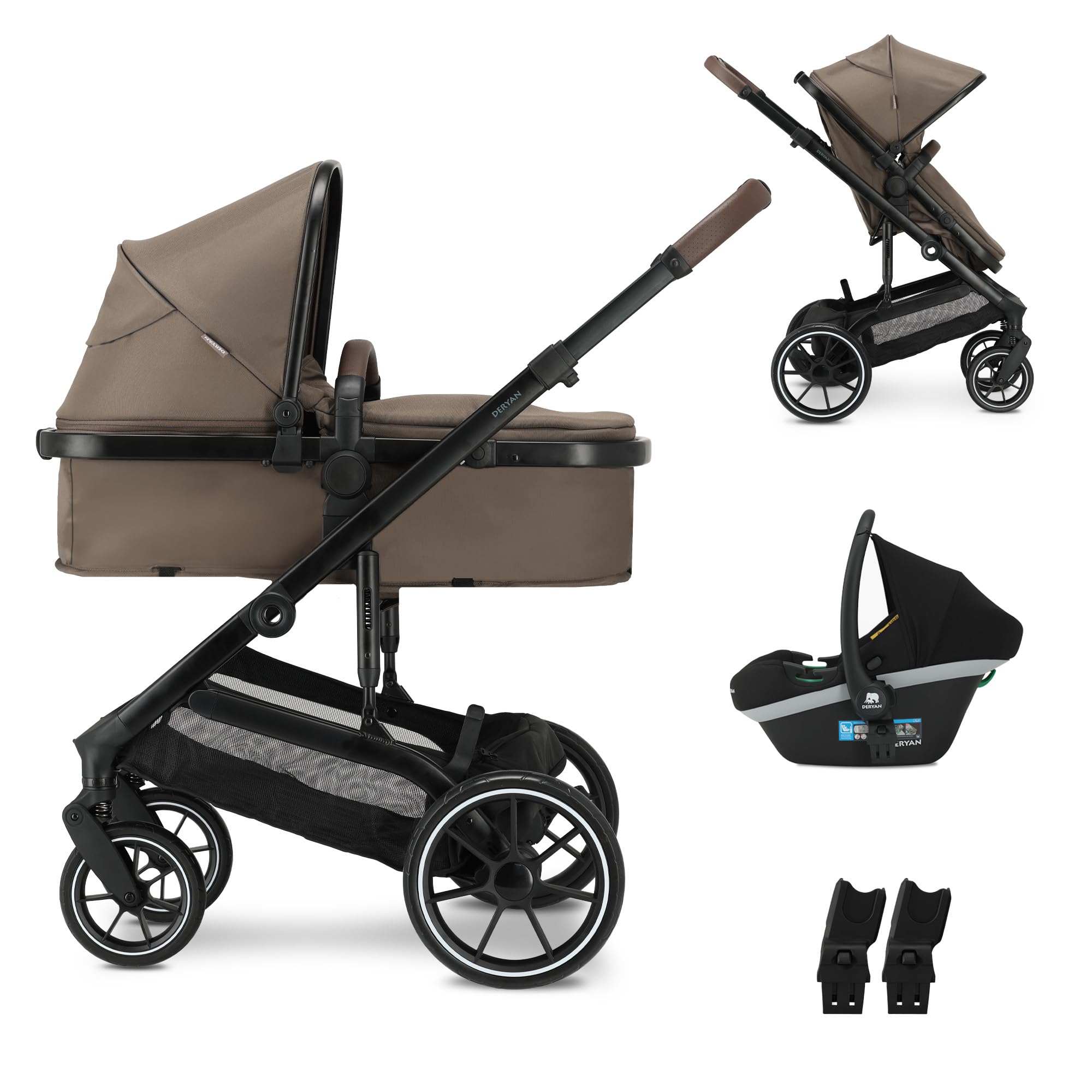 Deryan NOA Passeggino combinato 3 in 1, con seggiolino auto, passeggino multifunzione, con lettino, seggiolino sportivo e seggiolino, leggero e pieghevole, Nocciola