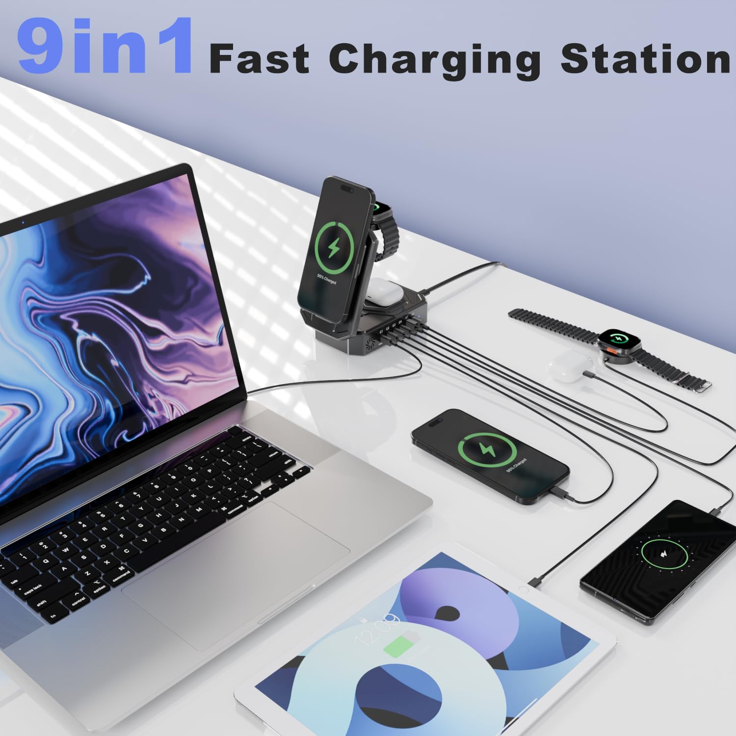 Estación de carga magnética plegable 9 en 1, concentrador de 250 W con USB-C de 100 W para portátiles, base inalámbrica 3 en 1 para teléfonos/relojes/auriculares