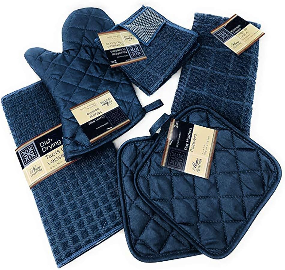 Kitchen Towel Set with 2 Quilted Pot Holders, Oven Mitt, Dish Towel, Dish Drying Mat, 2 Microfiber Scrubbing Dishcloths (Navy Blue)