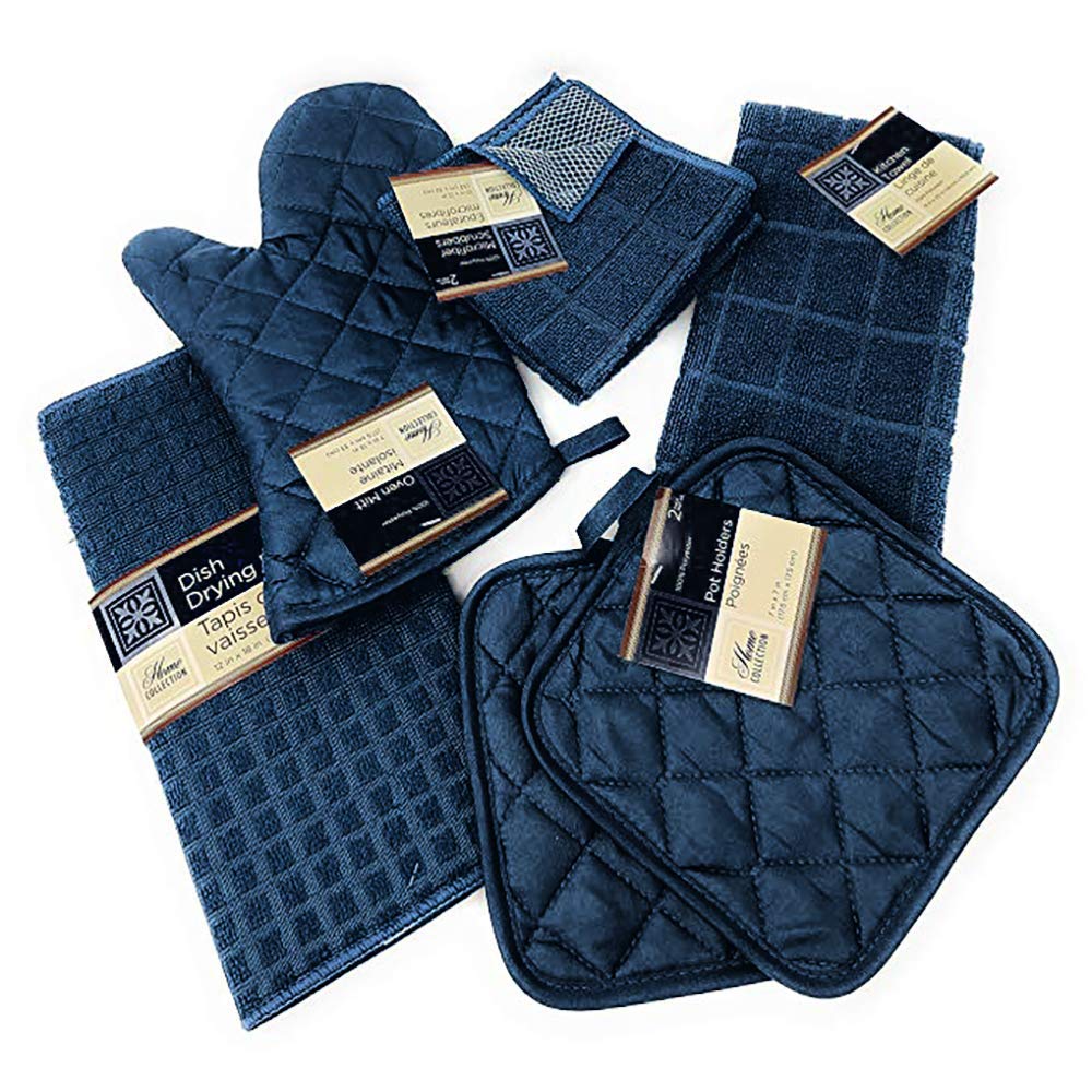 Kitchen Towel Set with 2 Quilted Pot Holders, Oven Mitt, Dish Towel, Dish Drying Mat, 2 Microfiber Scrubbing Dishcloths (Navy Blue)
