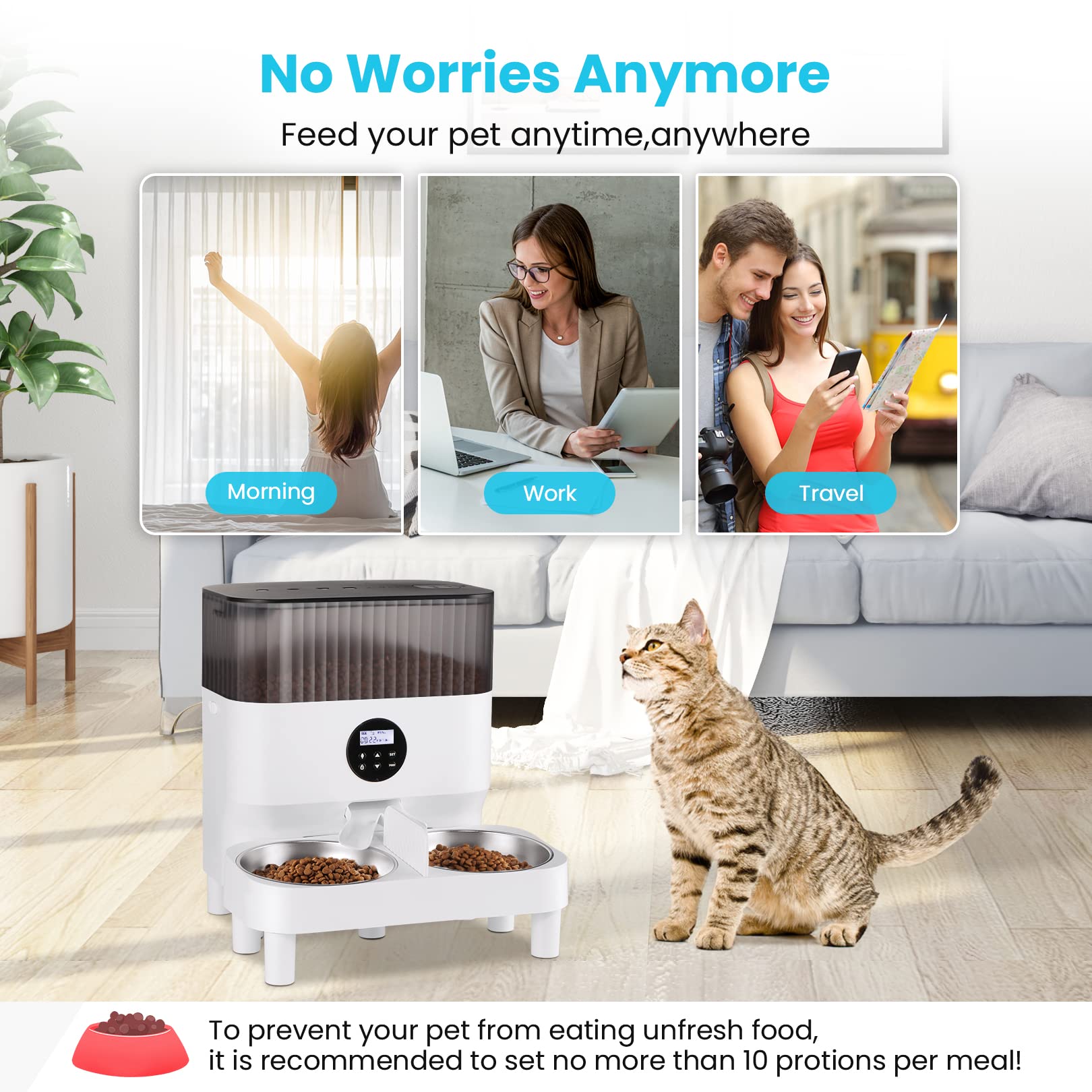Sailnovo Voederautomaat voor twee katten, droogvoerdispenser voor huisdieren met twee roestvrijstalen schalen, 10 s spraakherinnering, tot 80 porties en 4 maaltijden per dag voor kat en hond, wit-5 l