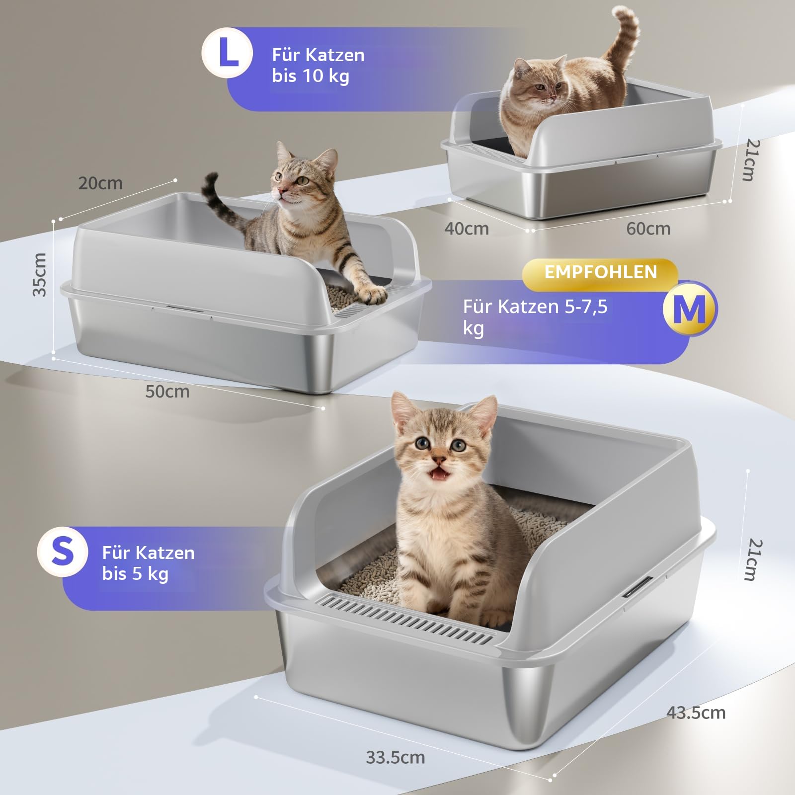 2 Pack Katzenklo Edelstahl Gehege mit Deckel, große Katzentoilette aus Edelstahl, Katzenklo Mit Hochwandigem Seitengehäuse, Nicht-Klebrig, Auslaufsicher & Einfach zu Reinigen, nklusive Schaufel, M
