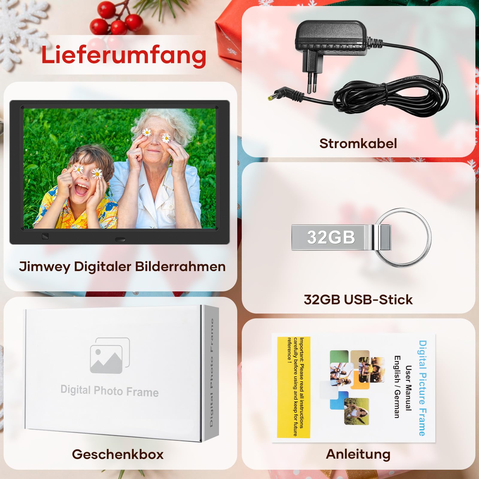 Digitaler Bilderrahmen Elektronischer Fotorahmen ohne WLAN, 10,1 Zoll IPS Bildschirm Photo Frame mit 32GB USB Stick & Bewegungssensor Zeitschaltuhr Foto/Kalendar/Video/Musik-Player Wandmontierbar