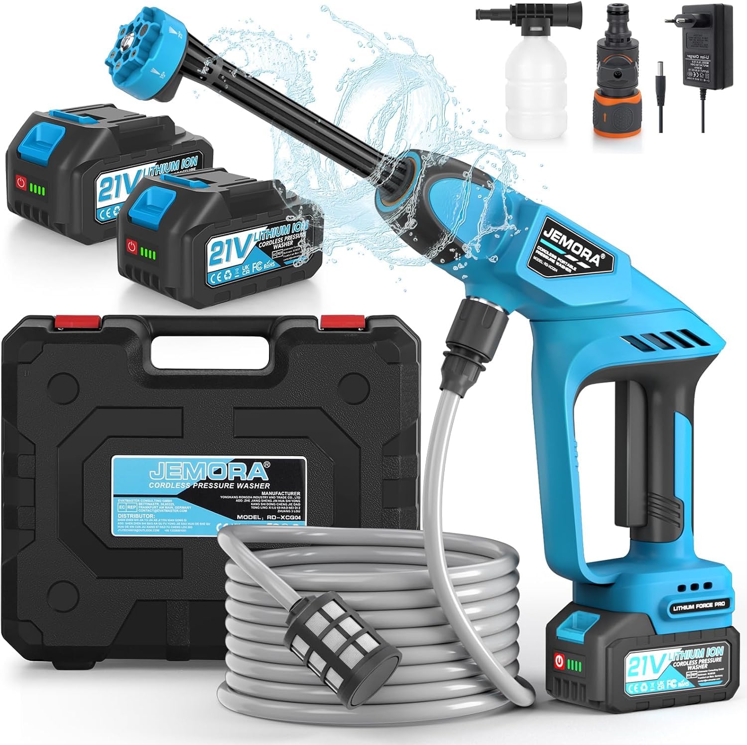 Nettoyeur Haute Pression sans Fil, Pistolet Haute Pression sur Batterie avec 2 Batteries, Hydrojet Nettoyeur Haute Pression avec 6-en-1 Multi-Usage Buse pour Voiture, Jardin, Terrasse (Bleu-1)