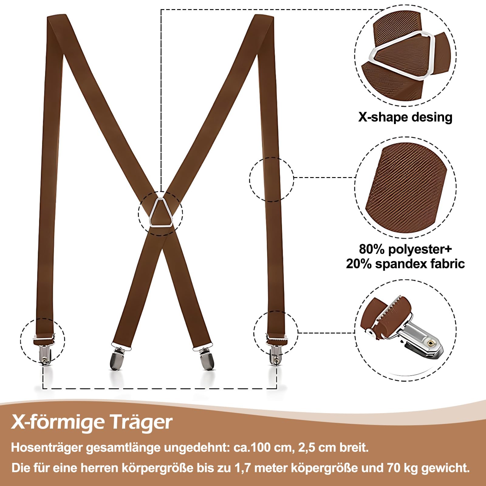 Hosenträger für Herren Starken Herren Hosenträger schmal 2,5 cm 4 Metall Clip Lang Einheitsgröße für Männer und Damen Einstellbar Länge für Damen Buro und Elastisch X Style