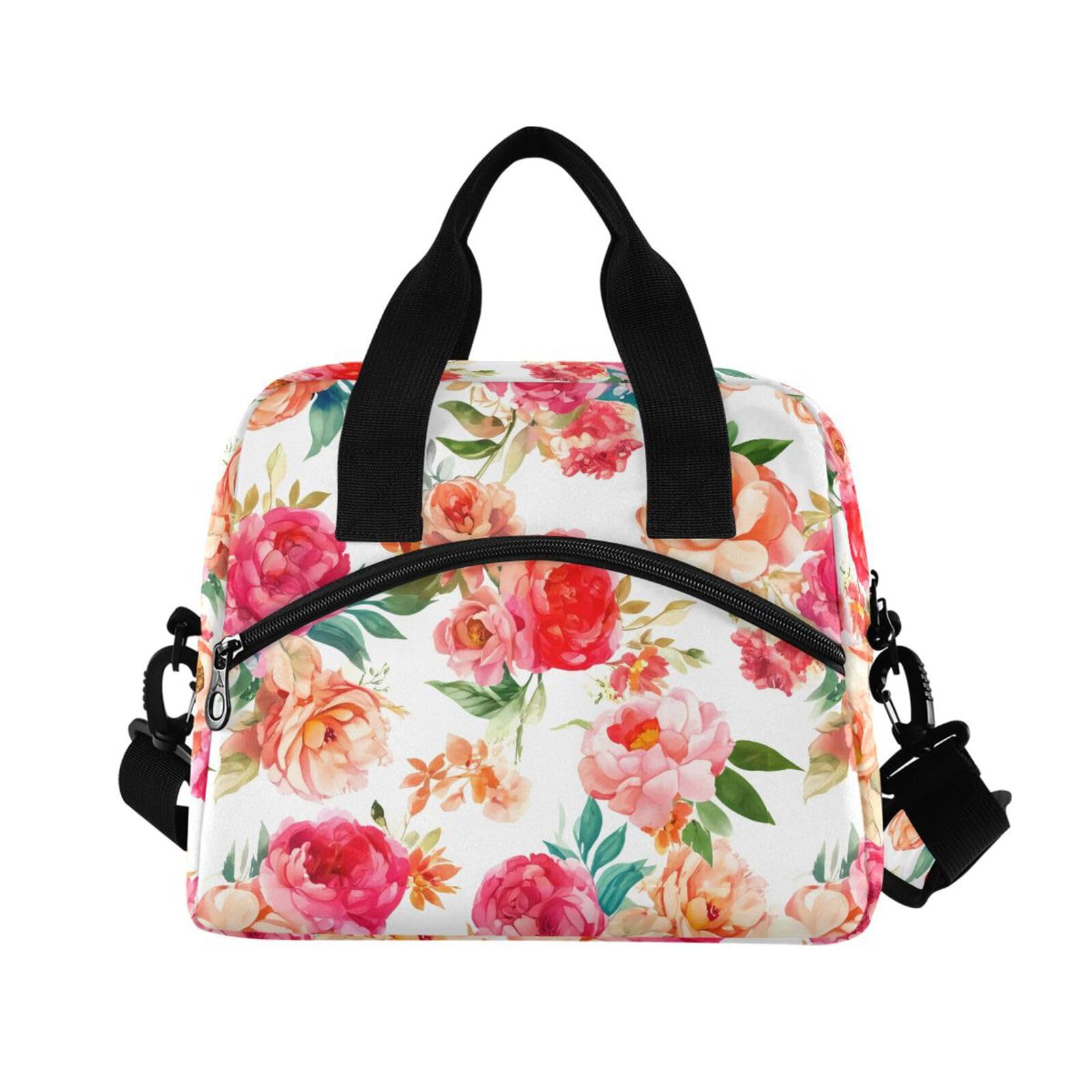 Insulated Lunch Bag Reusable Cooler Pink Peony Flower White Lunch Box Adjustable Shoulder Strap for School Men Women