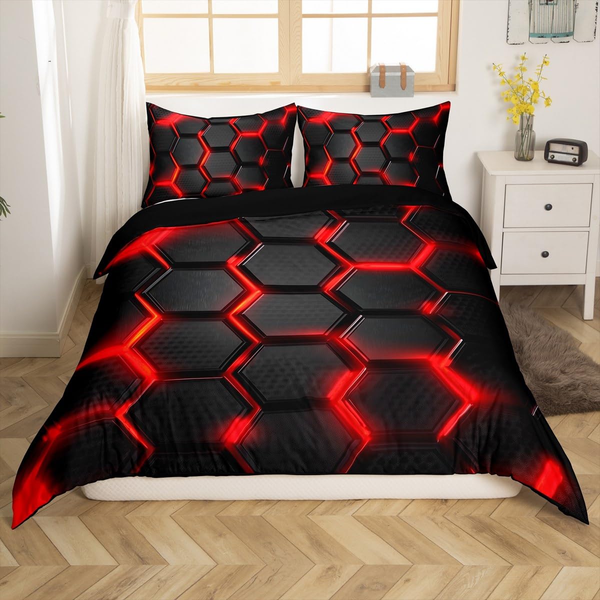Loussiesd Light Honeycomb Duvet Cover Set Single Size For Kids Boys Teens Men Red Black Geometric Hexagonal Bedding Set Modern Art Comforter Cover with 1 Pillowcase Luxury Beds Set