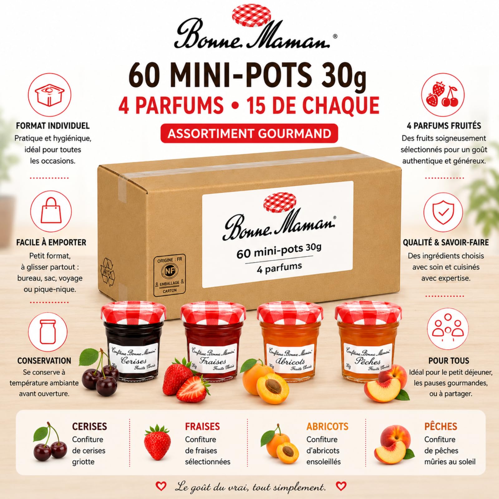 BONNE MAMAN - 60 Confitures Fraise/Abricot/Pêche/Cerise - 30 g