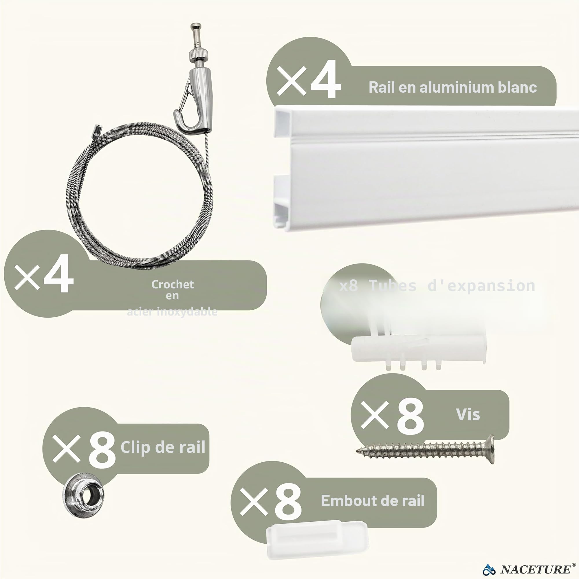 Système d'accrochage de cimaise – Système innovant de rail de suspension artistique comprenant 4 rails à photos de 61 cm, 4 crochets de 2 m et matériel d'installation – Kit élégant de suspension pour