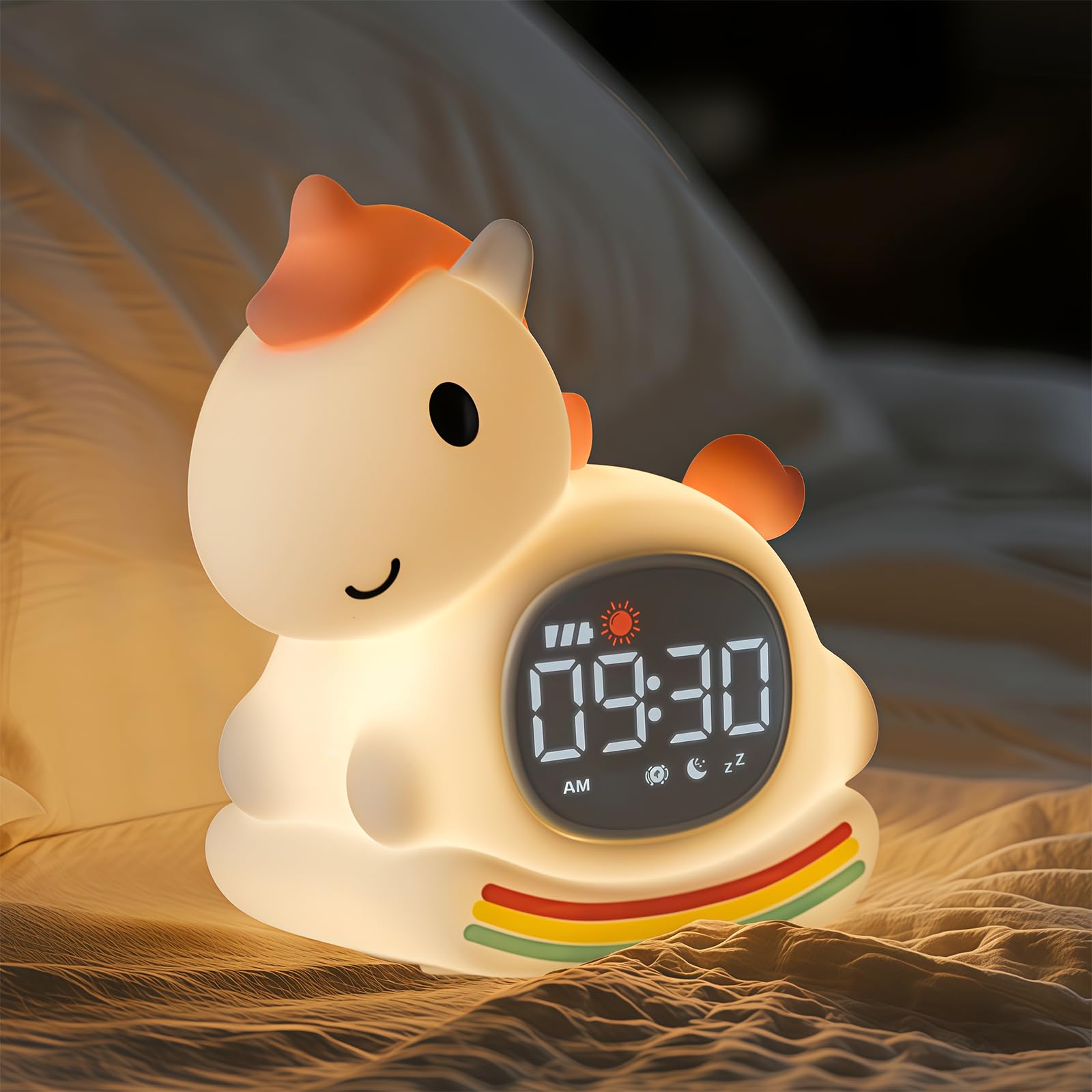 Alarm Clock with Night Light for Kids, Sleep Training Clock with Sound Machine, Rechargeable Silicone OK to Wake ClockCute Animal Tabletop Lamp, Perfect Sleep Companion for Boys Girls, Pink Pony
