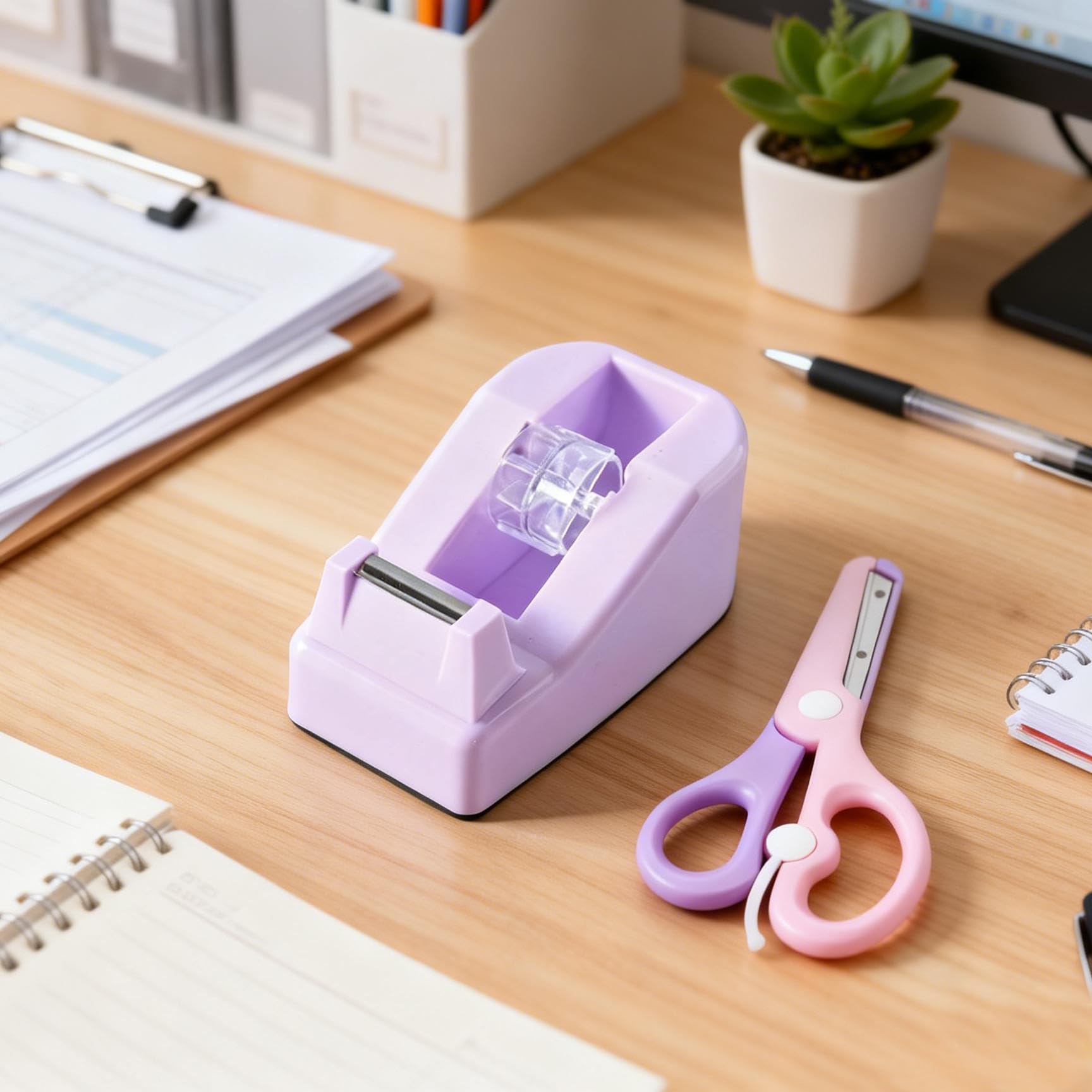 XEUZK Kits de dispensador de cinta de escritorio con dispensador de cinta antideslizante con peso, incluye 9 rollos de cinta transparente (0.71 pulgadas x 500 pulgadas cada uno) y tijeras rosas, 2