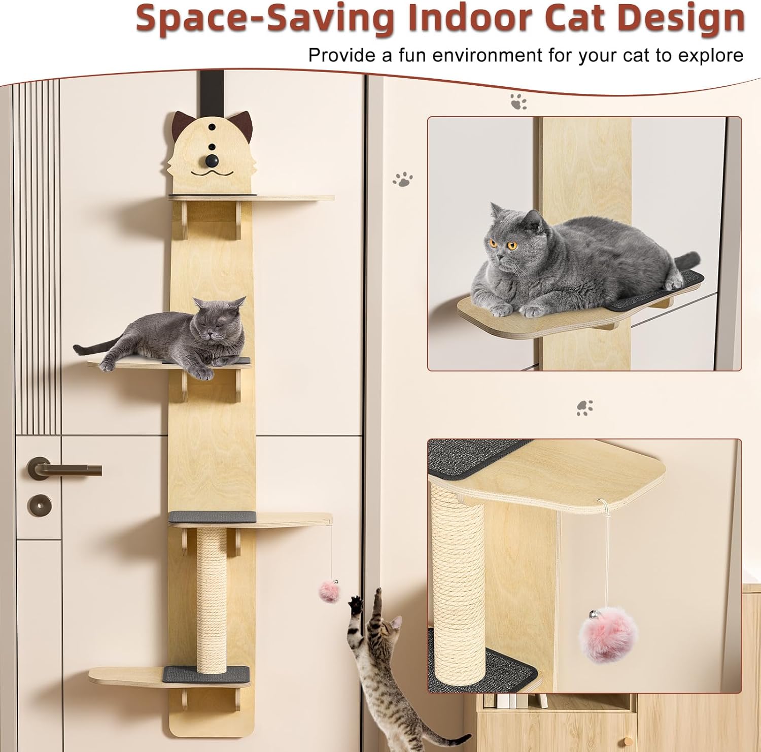 4-Tiers Over Door Cat Tree with Scratching Post & Tease Cat Ball, Door Hanging Cat Shelves with Plush Pads for Comfort, Cats Door Hanger for Indoor Cats' Climbing & Entertainment