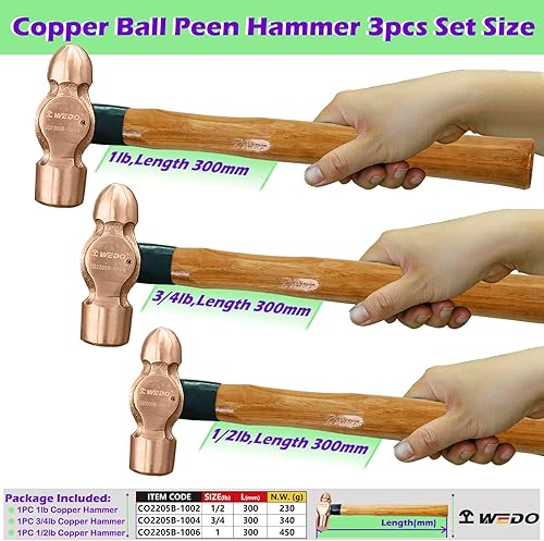 Miniatura 2 de WEDO Juego de martillo de bola de cobre de 3 piezas, 8 onzas + 12 onzas + 16 onzas (12 libra+34 lb+1 libra), martillo de bola con mango de madera,