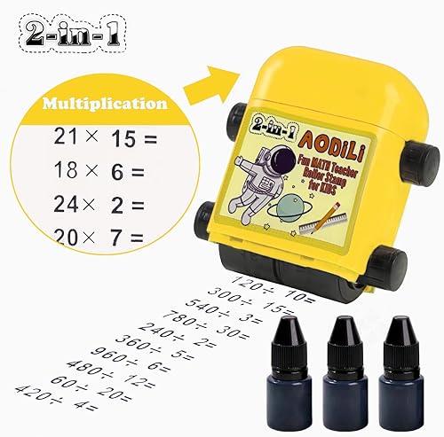 Miniatura 8 de Juego de sellos de rodillo de matemáticas para niños, paquete de 3 repuestos, suma y resta 2 en 1, sellos digitales autoentintados para profesores