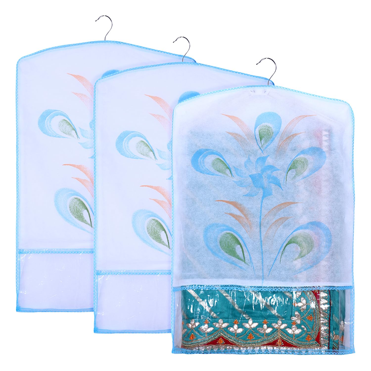 Kuber Industries Hanging Saree Cover | Brush Painting Pattern Saree Cover | Non-Woven Saree Covers for Home | Saree Cover with Small Transparent view | Pack of 3 | Sky Blue (B0CDG5D1GG) Amazon Price History, Amazon Price Tracker