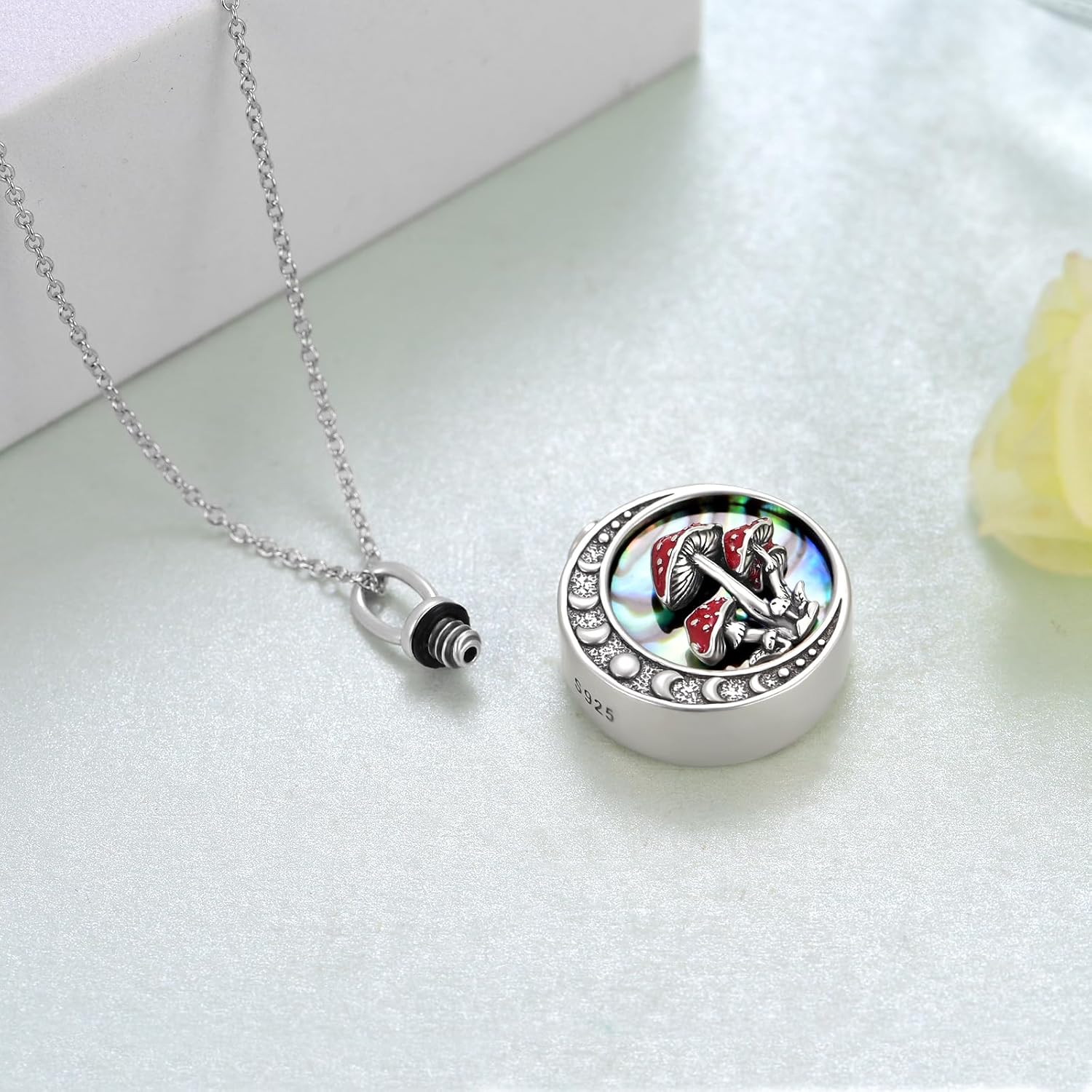 Moon Mushroom Urn Locket Necklace for Ashes Cremation Jewelry,Sterling Silver Magical Red Mushroom Pendant Moon Phase Ashes Keepsake Urns Necklaces with w/Funnel Filler for Women - Image 4