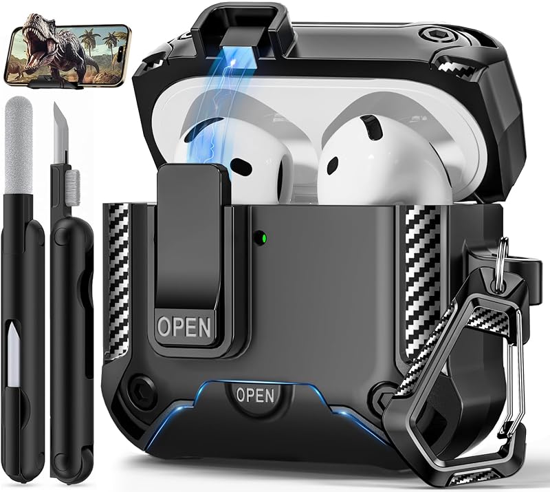 for AirPods 4 Case with Lock & Phone Stand(Black) | Automatic Snap Switch Lock,Carbon Fiber Texture Design Cover with Cleaner Kit