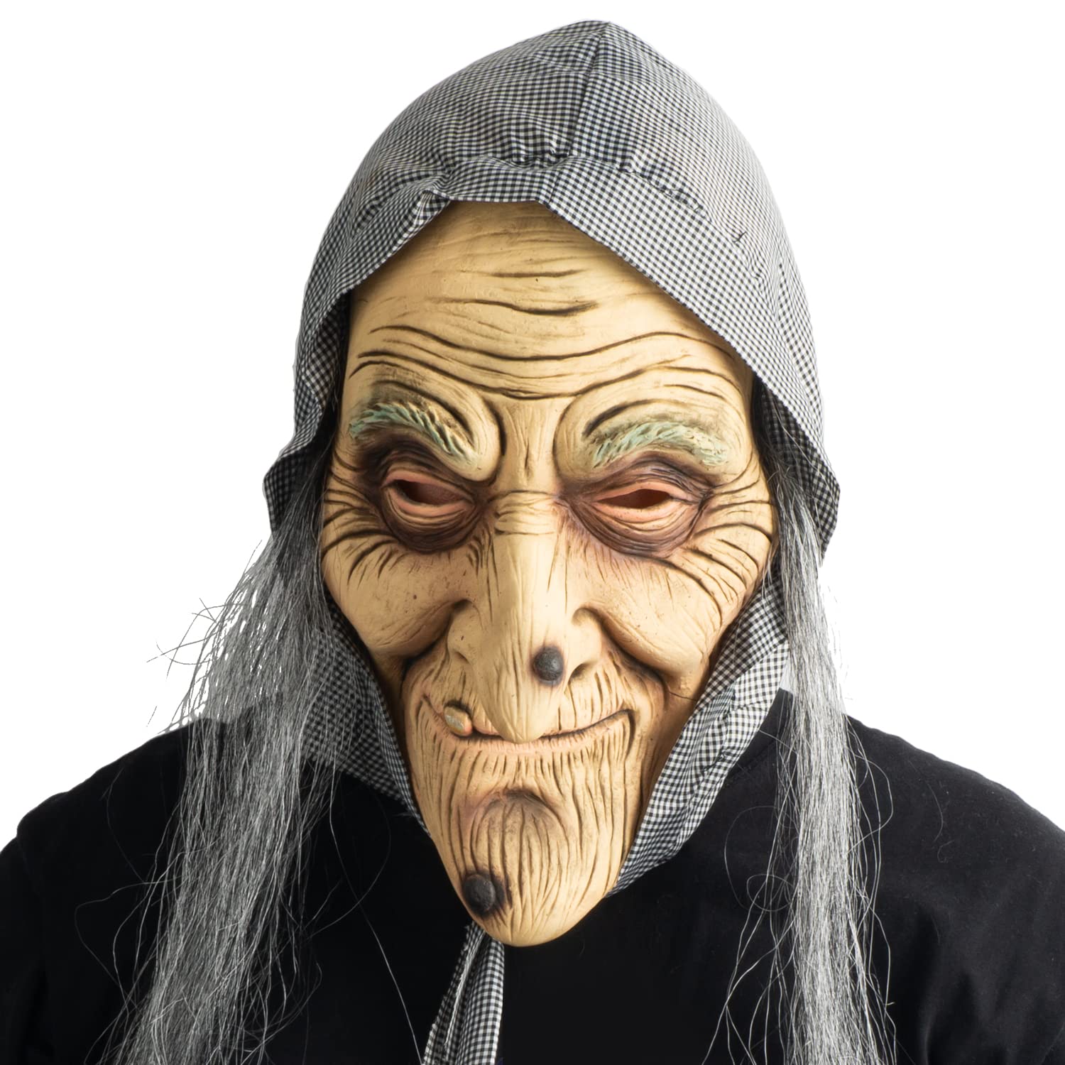 CreepyParty Old Witch Mask with Hair and Headscarf Human Realistic Full Head Latex Mask Fancy Dress for Halloween Carnival Costume Party