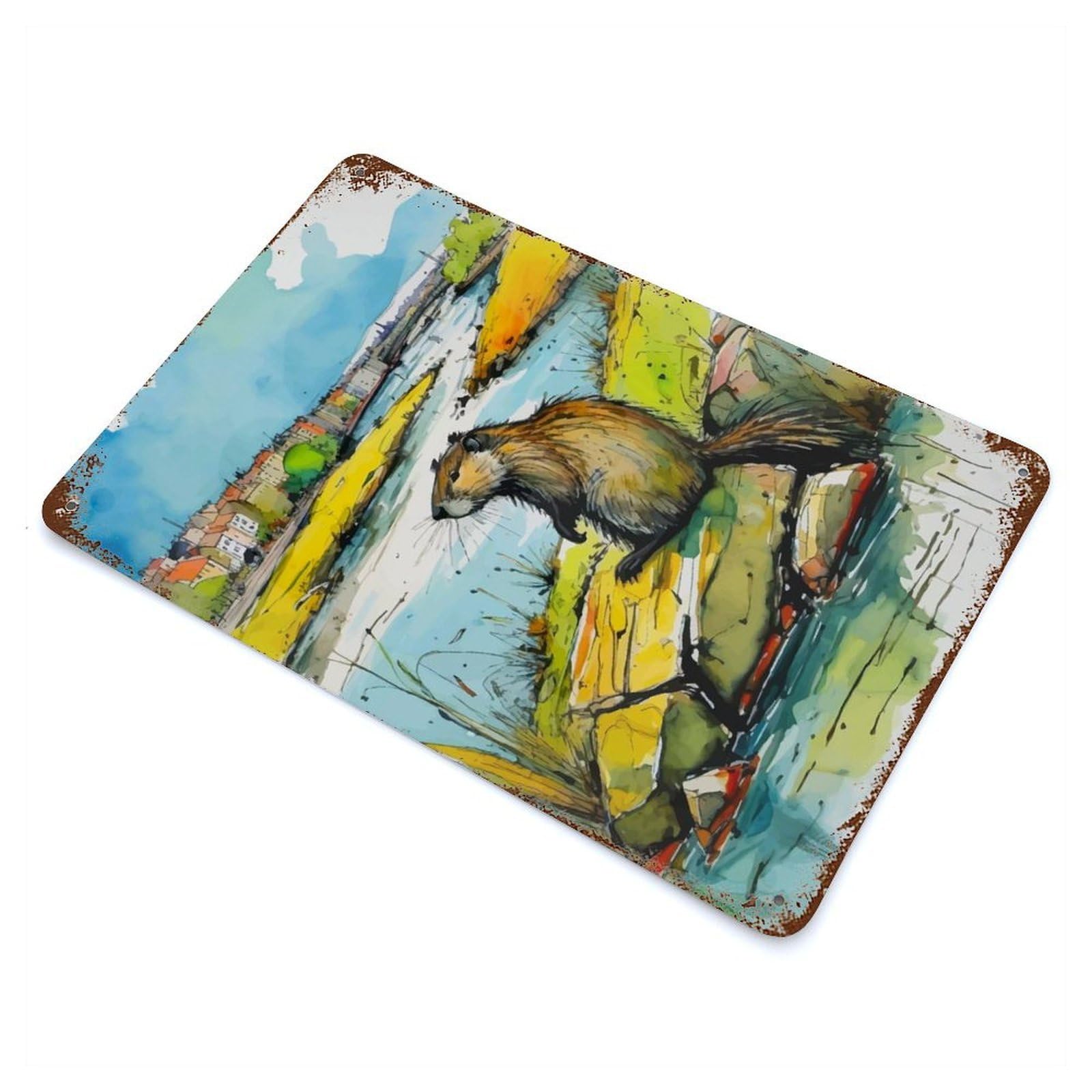 Distressed Metal Wall Sign Nutria Watercolor 11.8"x7.9", Vintage Wall Decor for Cafe, Home Bar And Lounge Decor