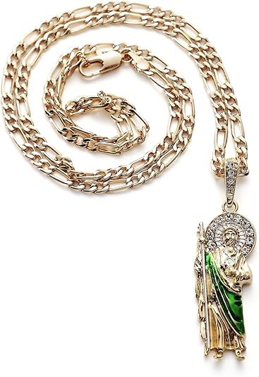 Collar con Colgante de San Judas Verde Chapado en Oro Figaro 24" San Judas Tadeo Medalla Cadena Oro Laminado