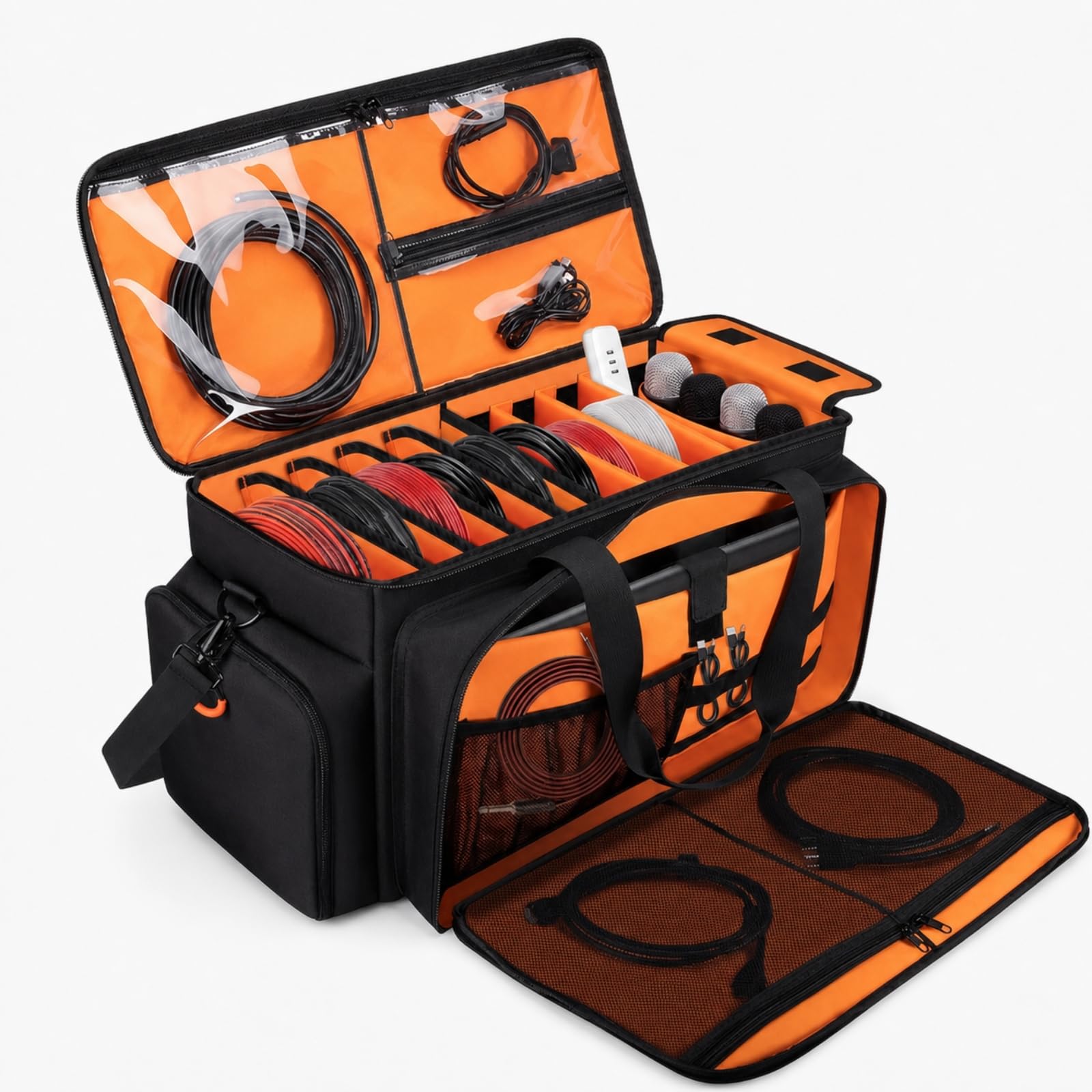 Bolsa Organizadora Cables Portátil | Compartimentos Acolchados Ajustables, Bolsa Herramientas con Correa, Resistente, Estuche, para Conciertos, Exteriores, Negro Naranja