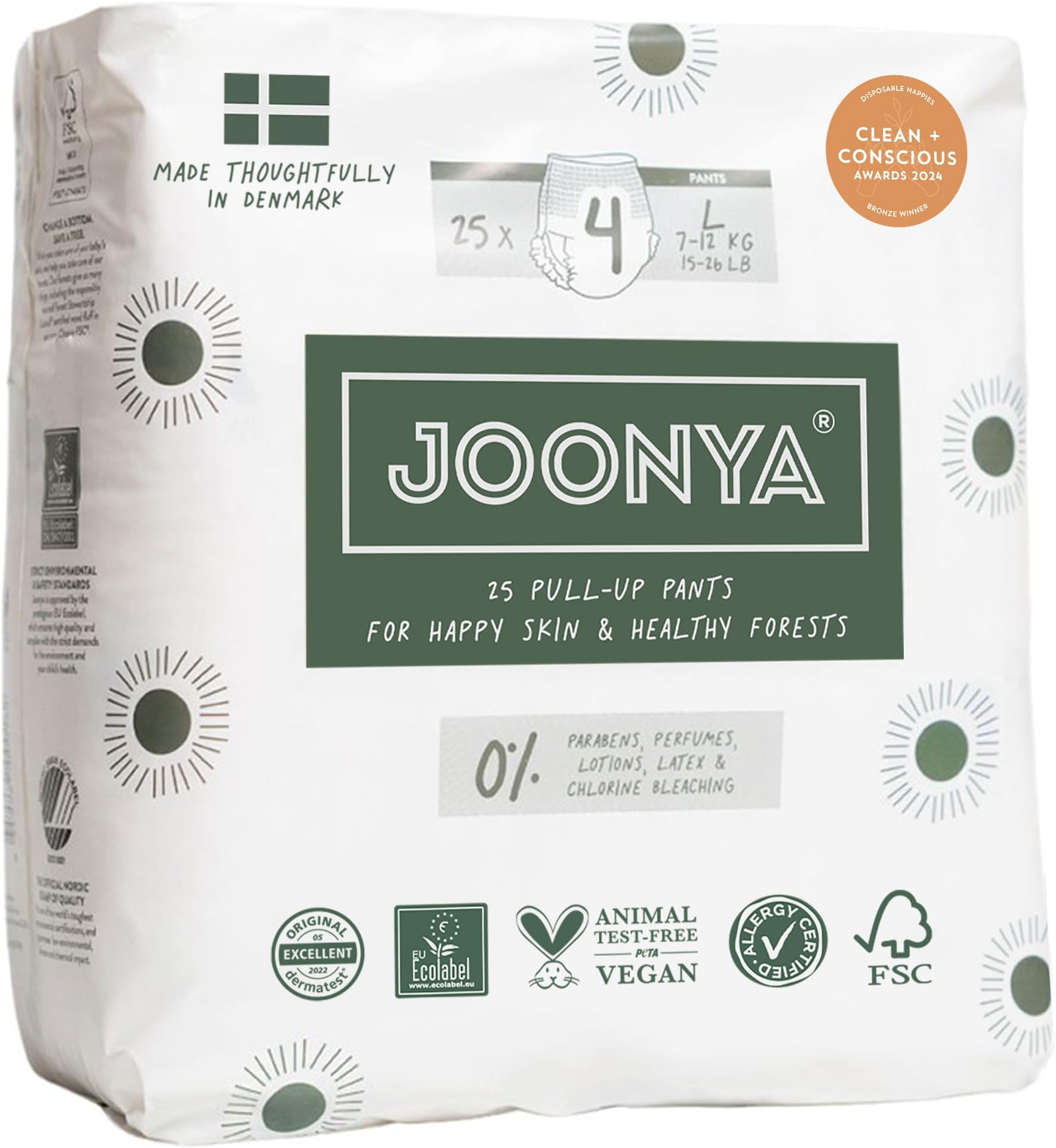 Joonya Pull-Up Pants Baby Diapers, Size 4 L (15-26 lb) - 1 Bag of 25 - NonToxic, Eco-Friendly, Ultra Slim, Overnight Use - Made in Denmark