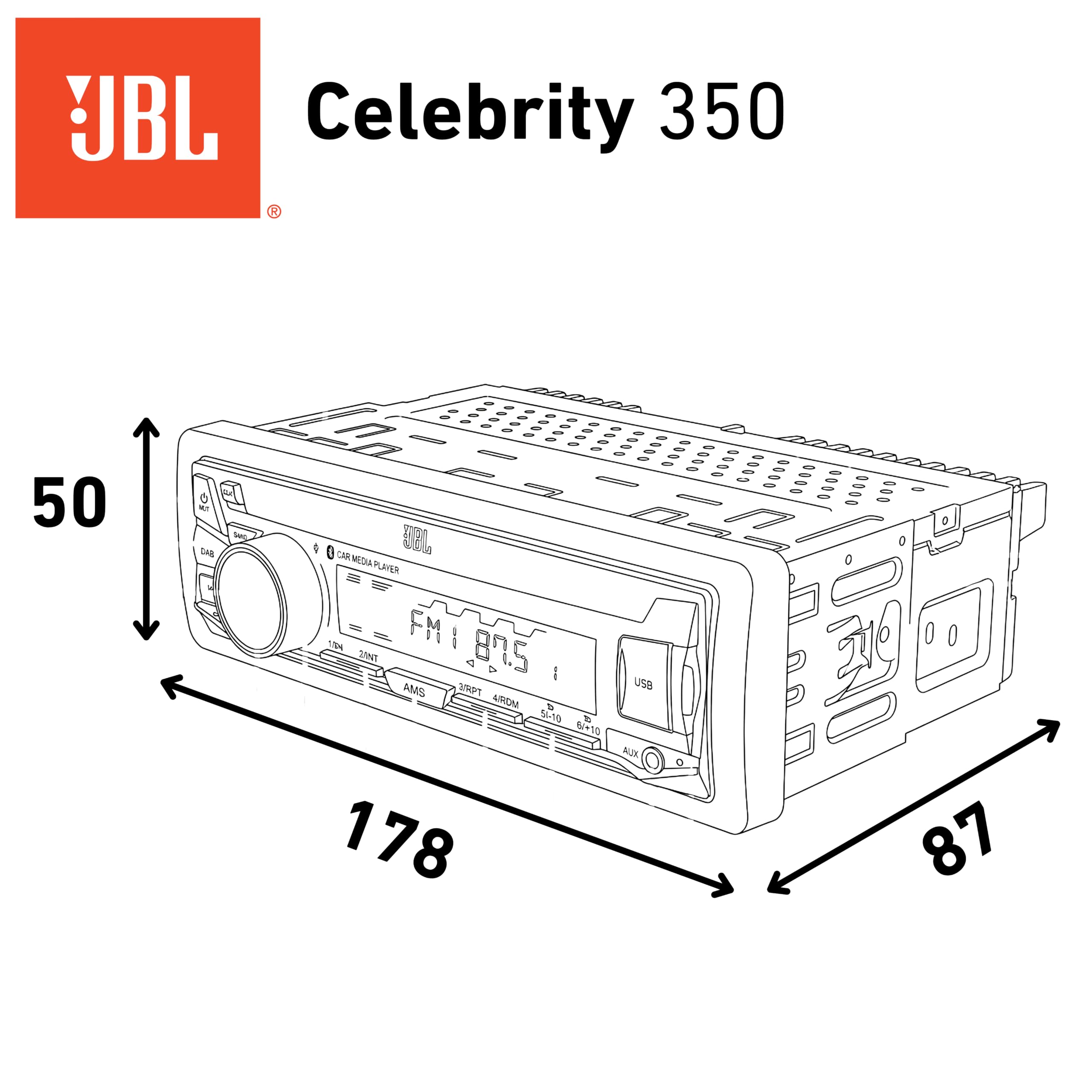 JBL Celebrity 350 Autoradio 1 DIN Bluetooth USB AUX AM FM RDS per Auto | Potenza max 4x50W, Bluetooth 6.0, sintonizzatore AM FM RDS, uscita RCA 6 canali 4V, 20Hz-20kHz, misure 178x50x87mm, microfono